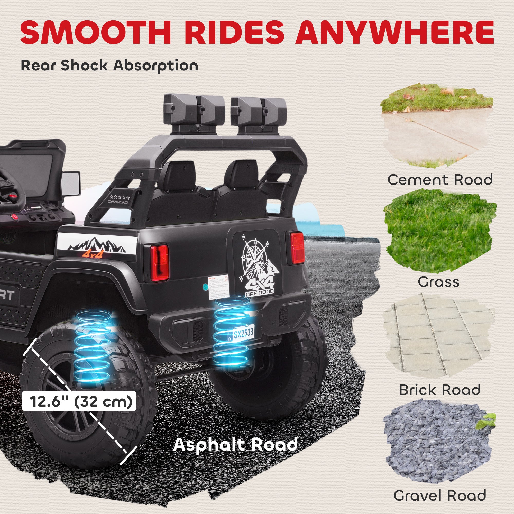 Ride on Truck Car with 2-Seater, 24V Electric Car with 4 Motors, Remote Control, Spring Suspension for 3-8 Years, Black