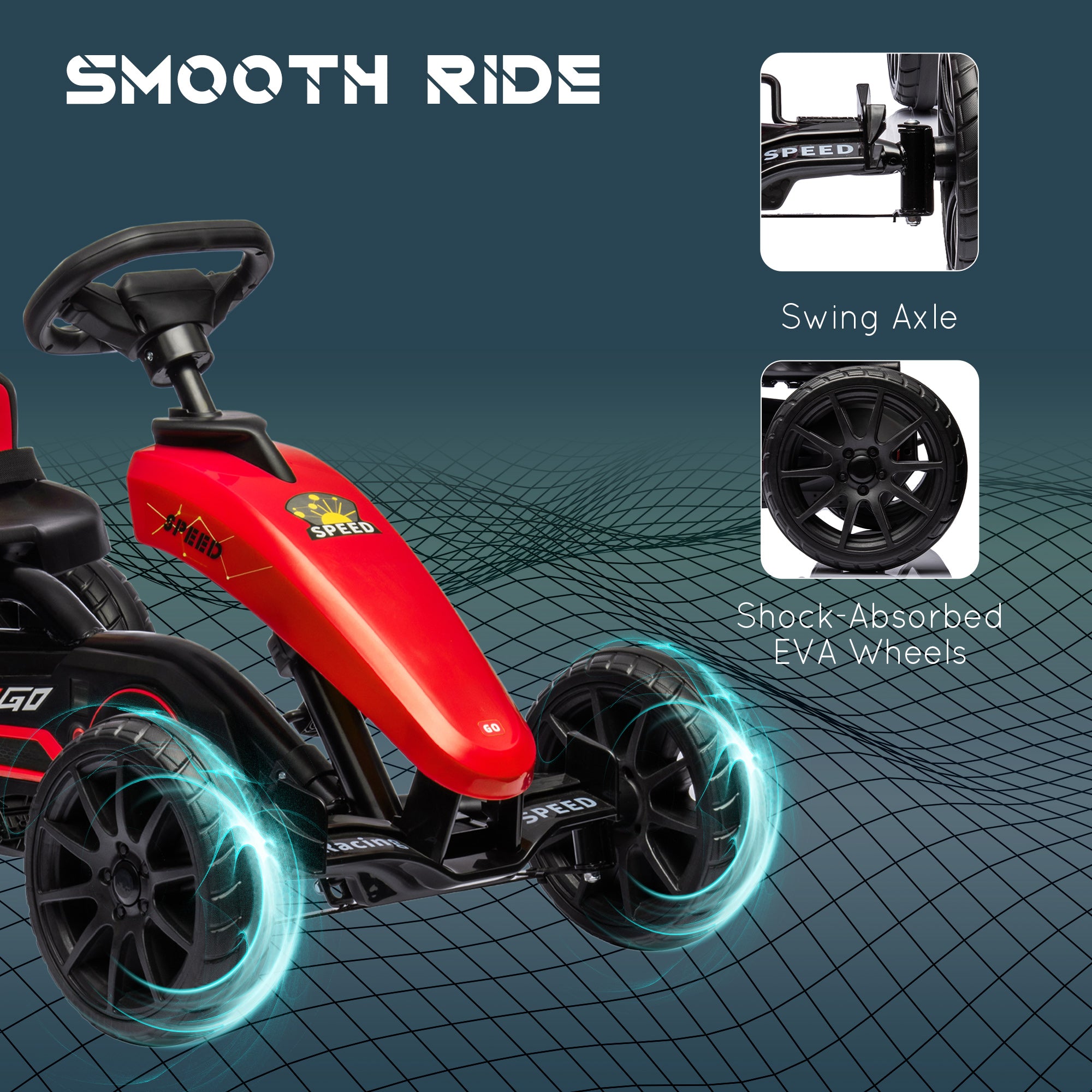 Kids Pedal Go Kart w/ Swing Axle, Shock-Absorbing Wheels, Red