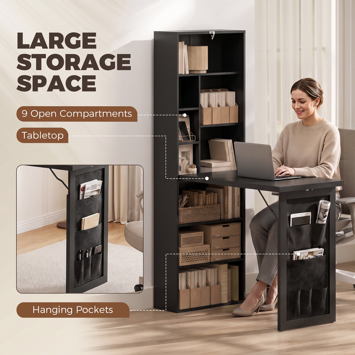 Foldable Convertible Writing Table with Storage Shelves, Bag, Wall-Mounted Space-Saving Computer Desk, Black
