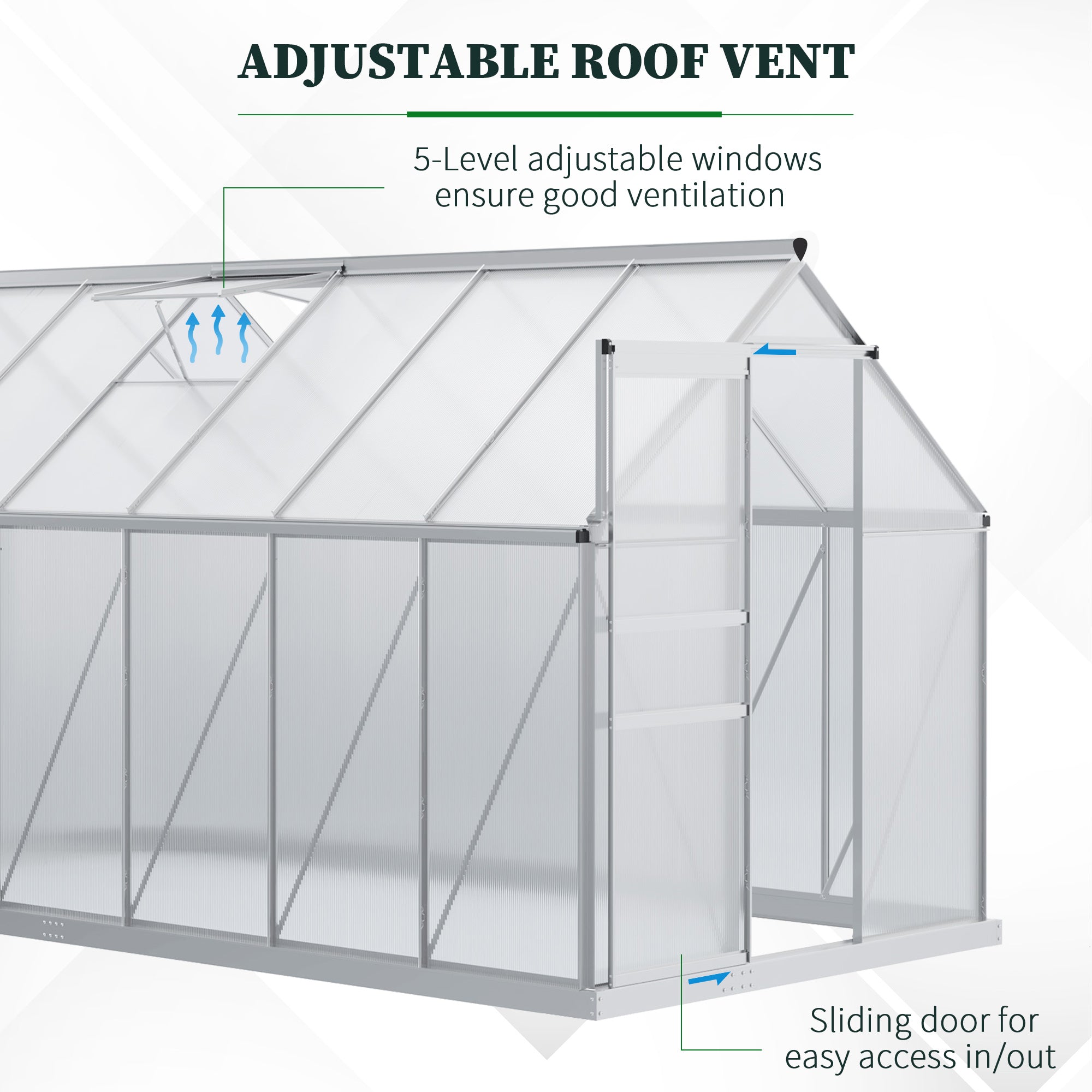 12' x 6' x 6.5' Polycarbonate Greenhouse with Aluminum Frame, Walk-in Heavy Duty Green House with Adjustable Roof Vent, Rain Gutter and Sliding Door for Winter, Silver - Silver - Image 5