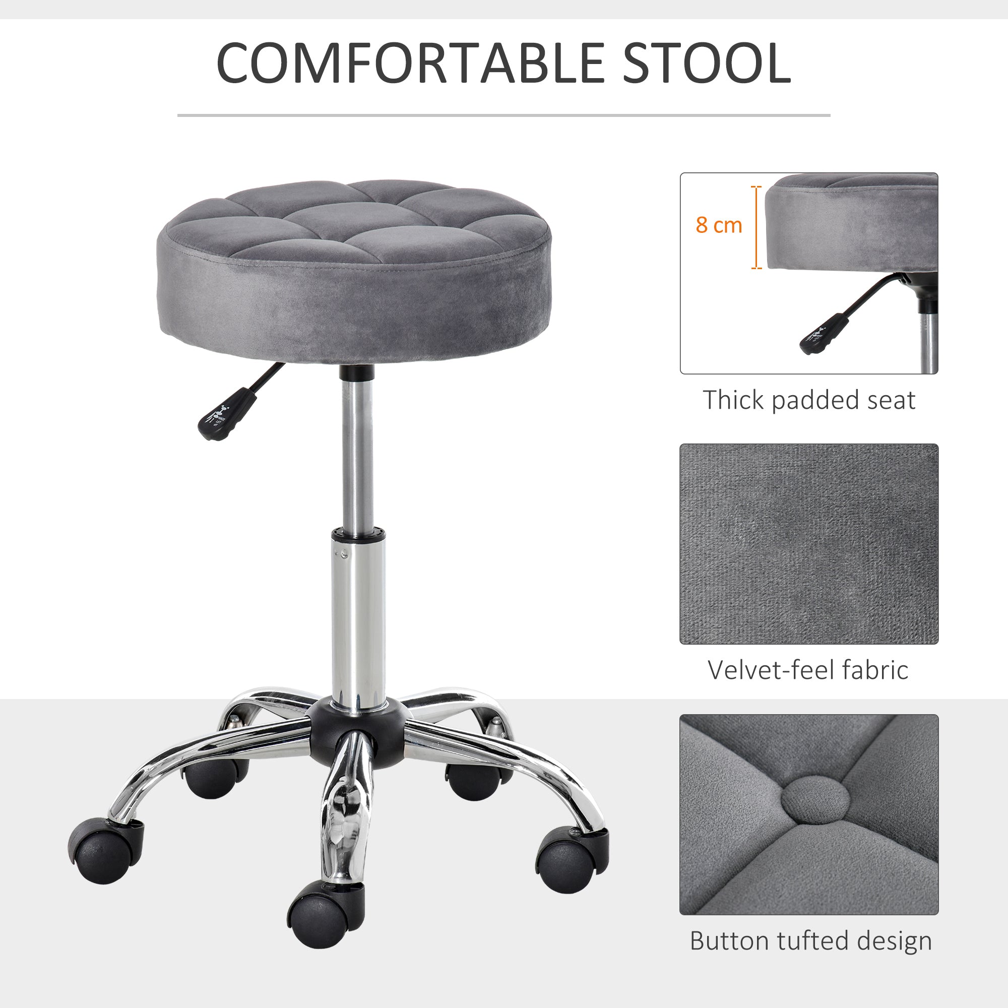 Round Rolling Stool with Height Adjustable Lift, Vanity Chair with Luxury Style Upholstery, Office Chair with Swivel Seat and Wheels for Work Spa Salon, Grey
