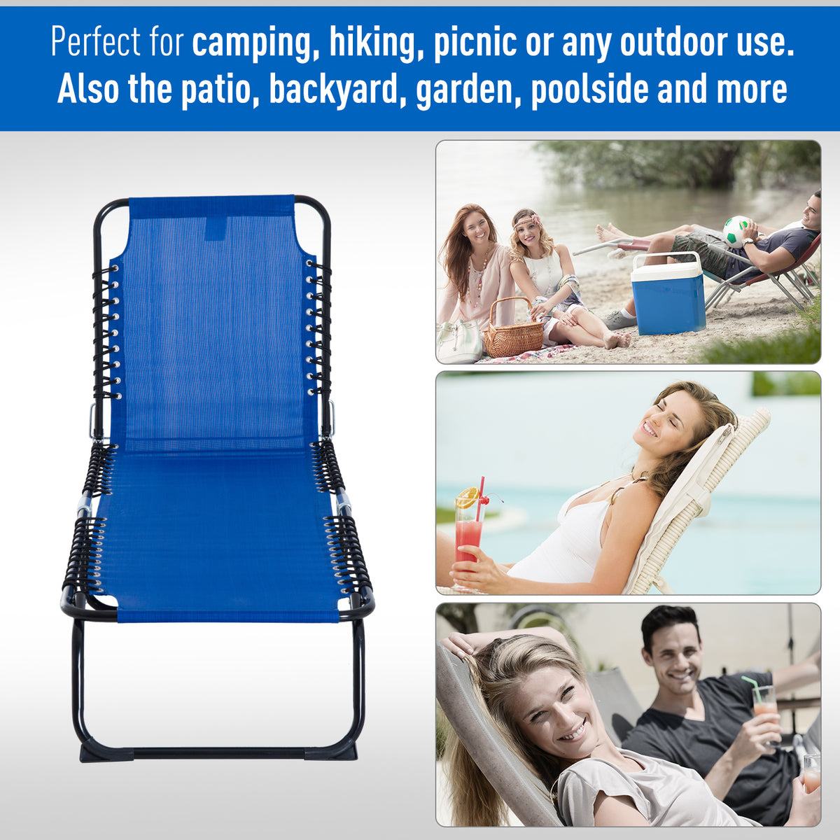 Set of 2 Folding Chaise Lounge Chairs, Outdoor Sun Tanning Chairs with Reclining Back, Blue
