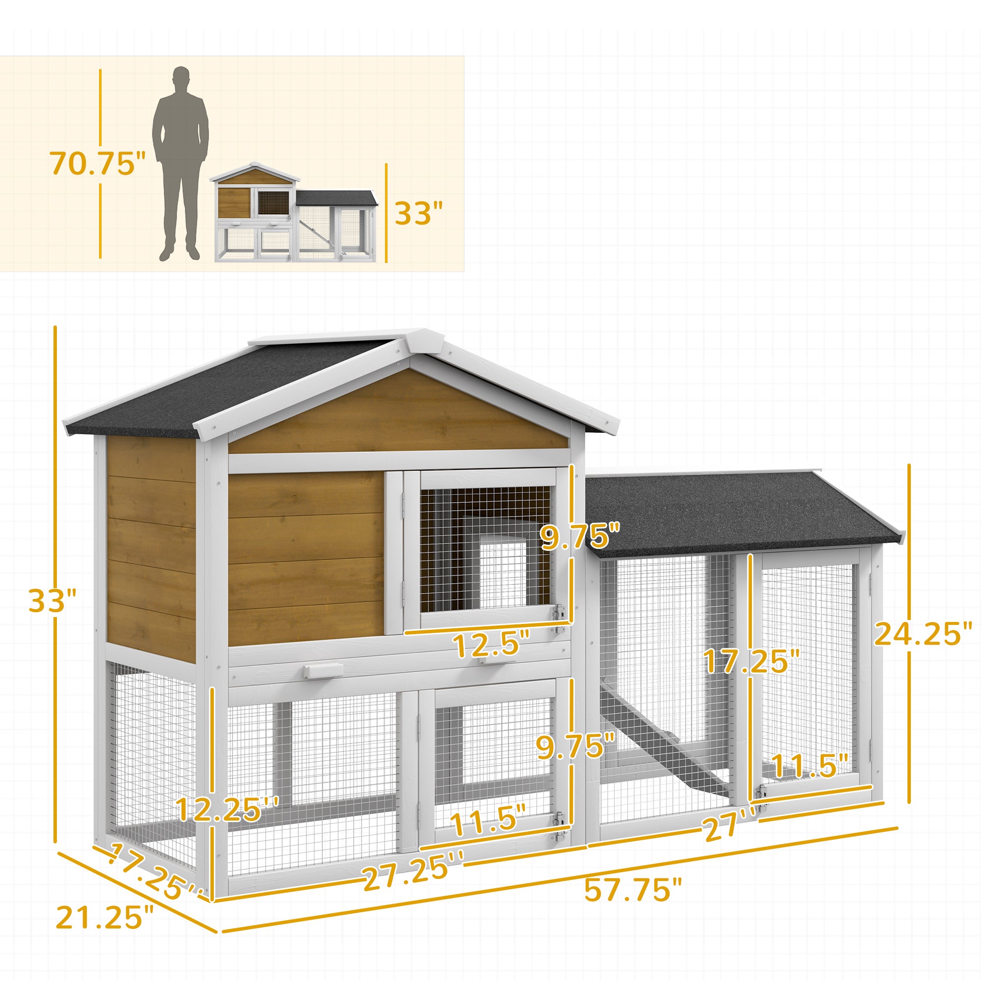 58" Wooden Rabbit Hutch with Run, Removable Tray, Asphalt Roof, Lockable Doors and Ramp, Nature Wood - Natural Wood - Image 3