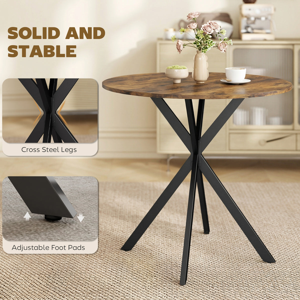 31.5" Small Round Dining Table for 2, Industrial Kitchen Table with Cross Steel Legs for Dining Room, Rustic Brown