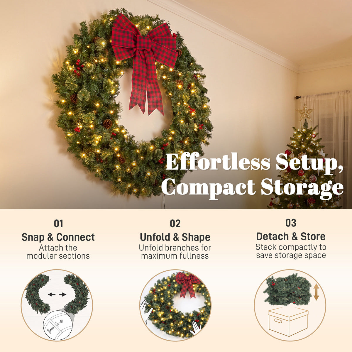48" Prelit Crestwood Spruce Artificial Christmas Wreath, Christmas Decor with Bow, 8 Modes, Red Berries, Pinecones