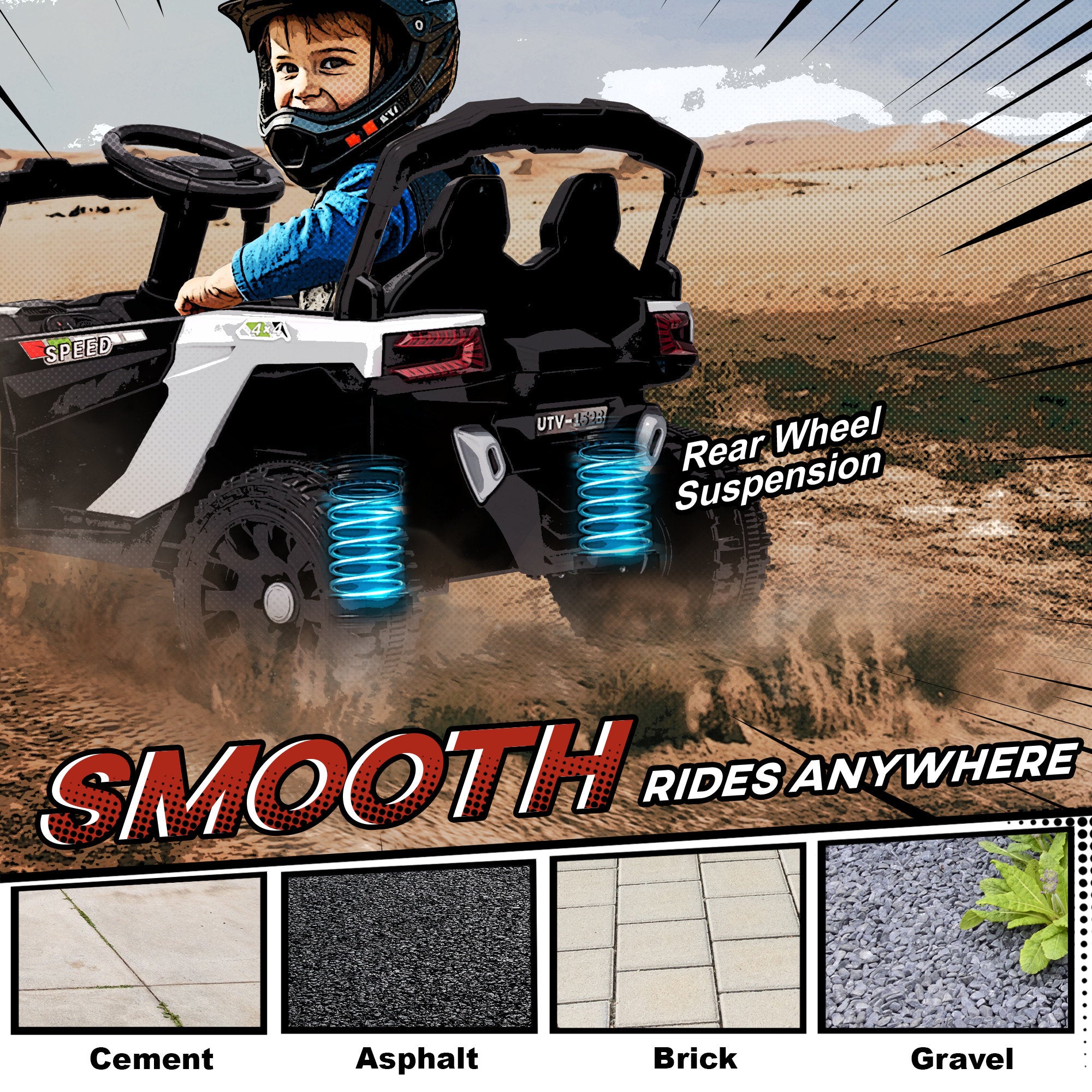 12V Kids Ride On Truck, Battery Powered Electric UTV Vehicle with Rear Suspension, Remote Control for 3-5 Years, White