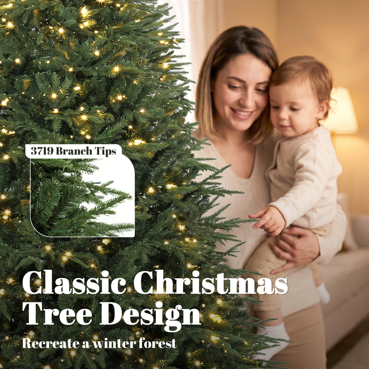 7.5ft Pre-lit Classic Artificial Christmas Tree with 3,719 Branch Tips 1000 Warm White LED Lights, Green