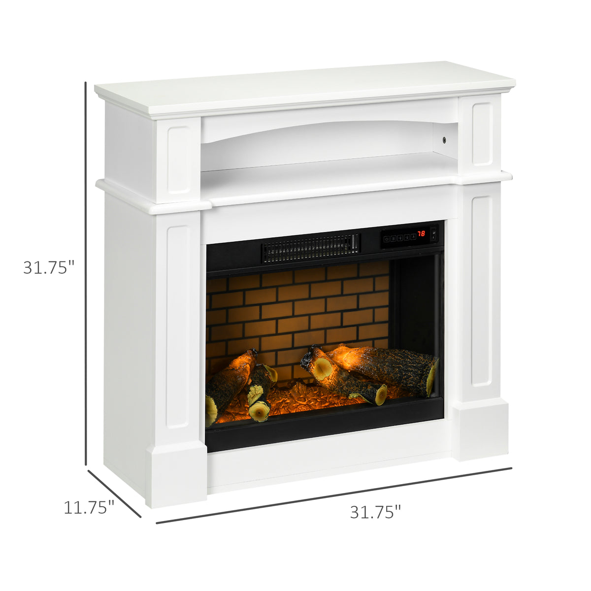 32" Electric Fireplace with Mantel, Freestanding Heater with LED Log Flame, Shelf and Remote Control, 1400W, White