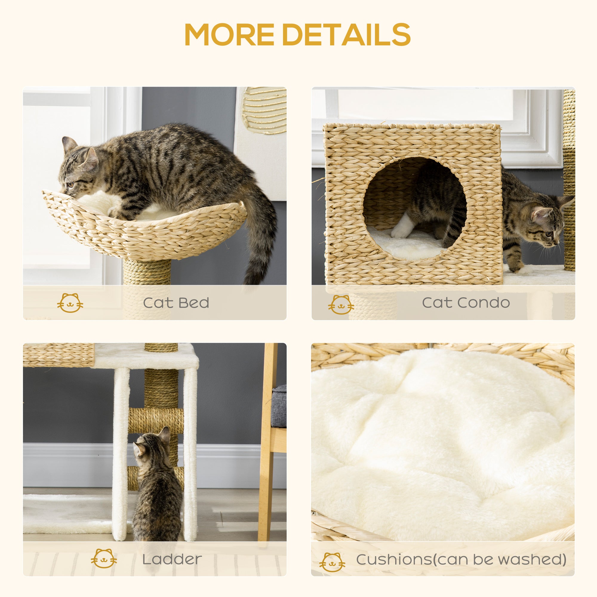 Cattail Weave Cat Tree for Indoor Cats Kitty Tower with Rattan Cat Condo, Wicker Bed, Ladder, Washable Cushions, 22.5" x 14.5" x 39.5", Natural - Natural Wood - Image 5