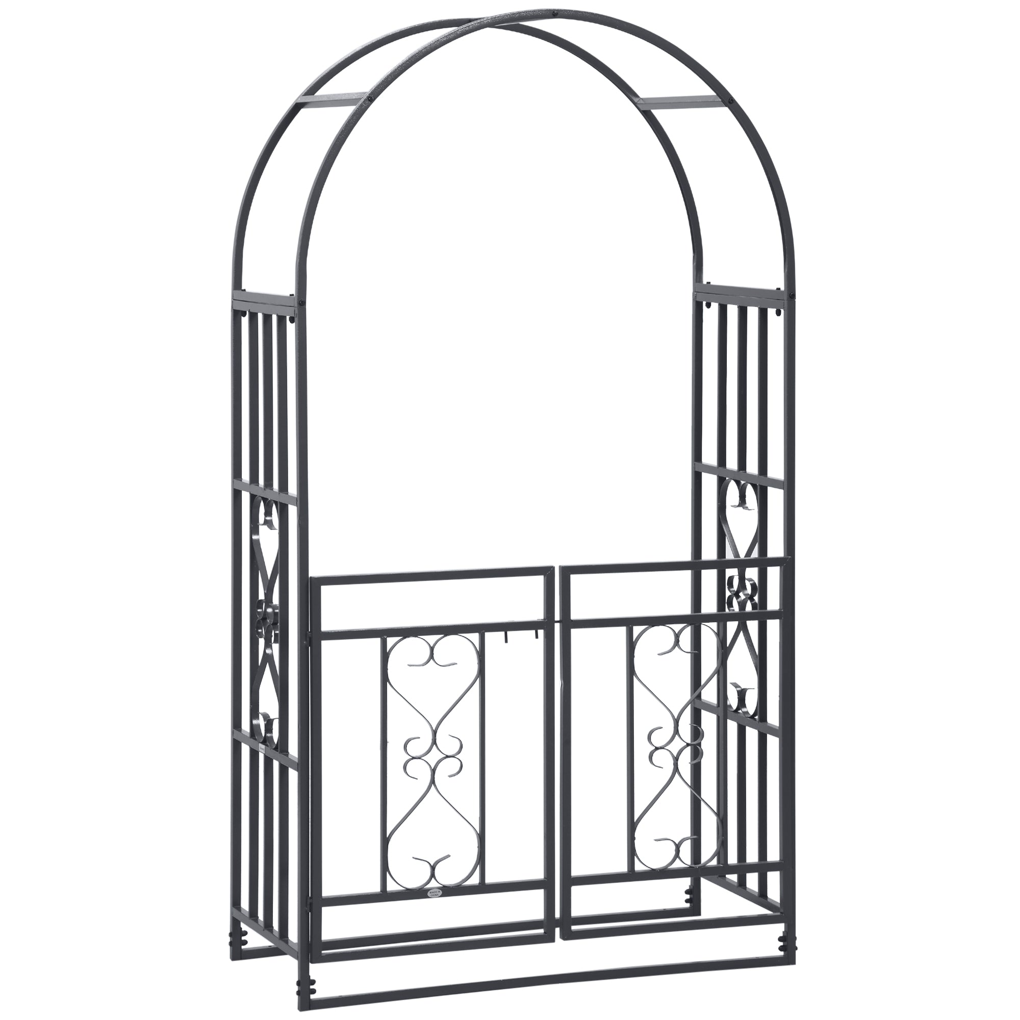 81" Metal Garden Arbor with Double Doors, Locking Gate, Climbing Vine Frame with Heart Motifs, Arch for Wedding, Bridal Party Decoration, Grey - Black