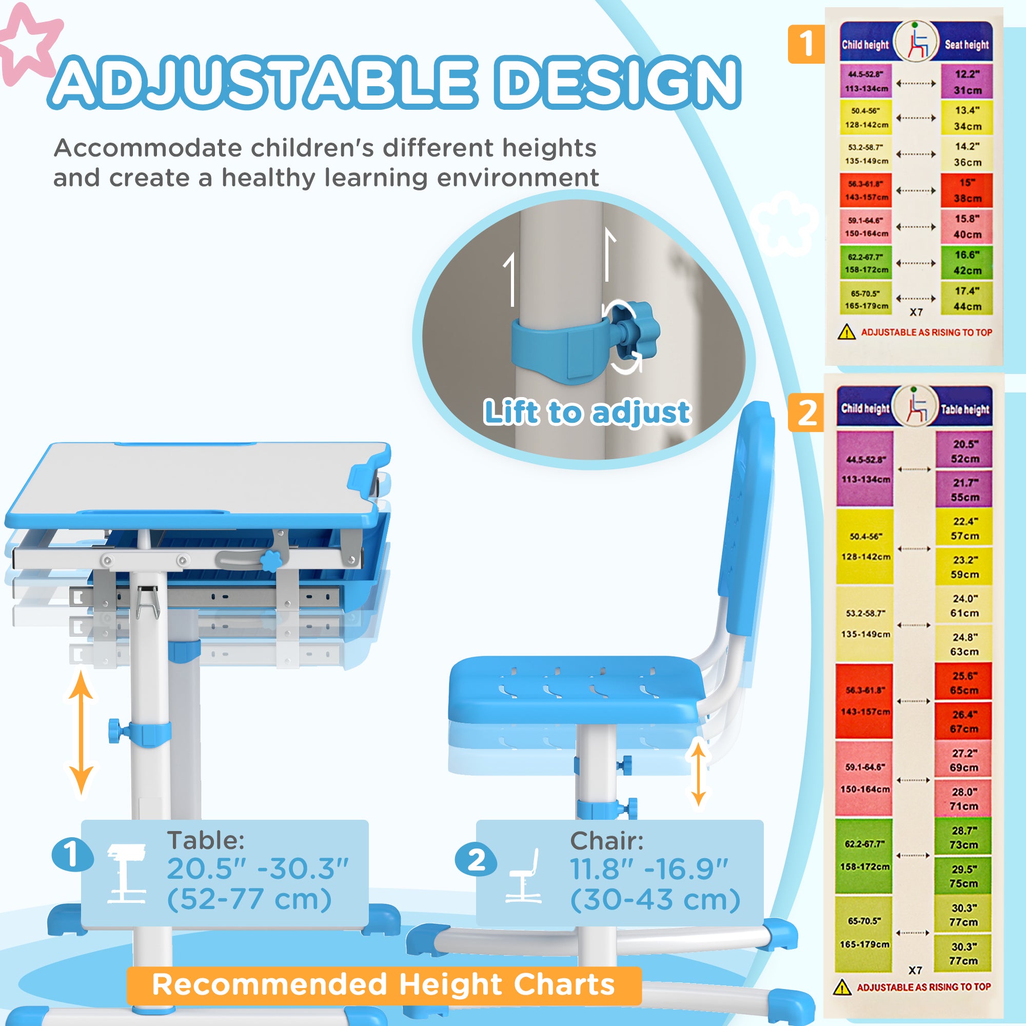 Height Adjustable Kids Desk and Chairs Set with Tilt Desktop, Storage Drawer, Pen Slot, Hook, Blue