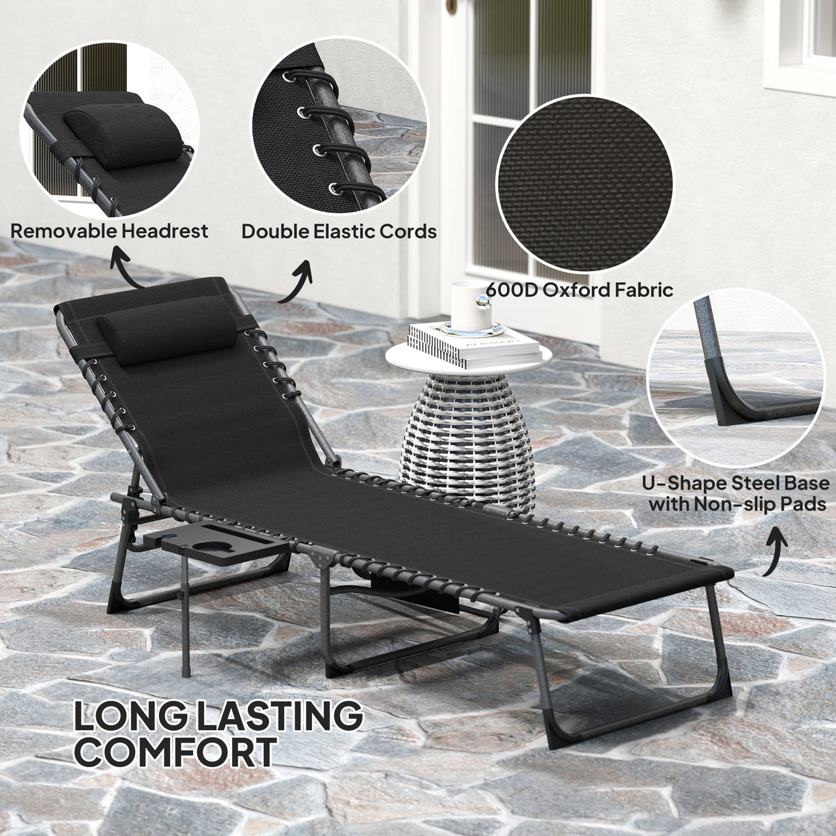 Folding Outdoor Chaise Lounge Chair Tanning Chair with 5-Level Adjustable Back, Side Table, Pillow, Pocket, Black