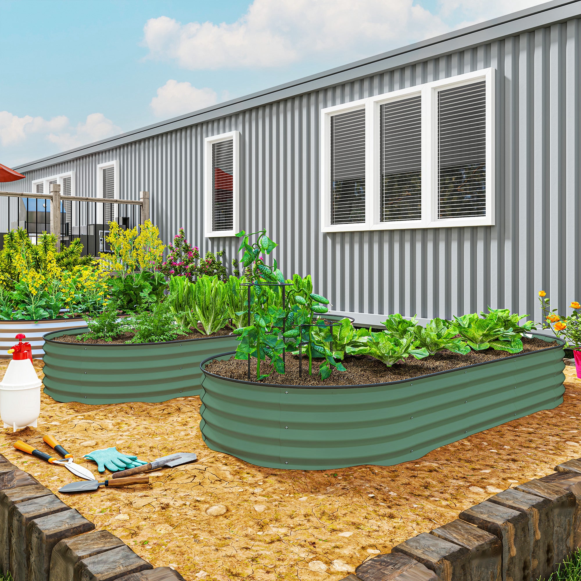 7' x 3' x 1' Raised Garden Bed Set, 2PCS Raised Beds for Gardening with Metal Plant Stakes, Green - Green - Image 2