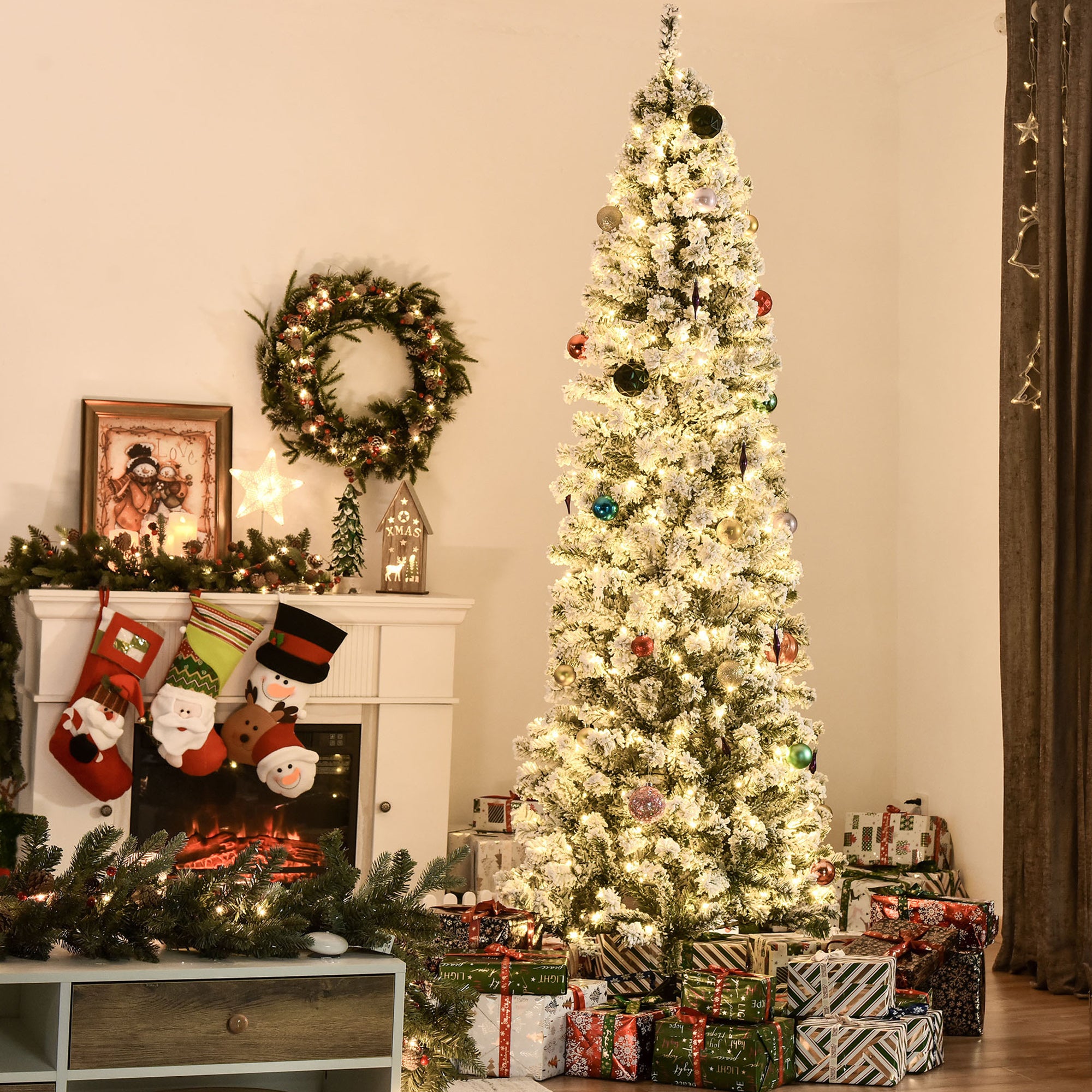 7.5ft Pre-Lit Snow-Flocked Slim Douglas Fir Artificial Christmas Tree with Realistic Branches, 350 LED Lights and 641 Tips