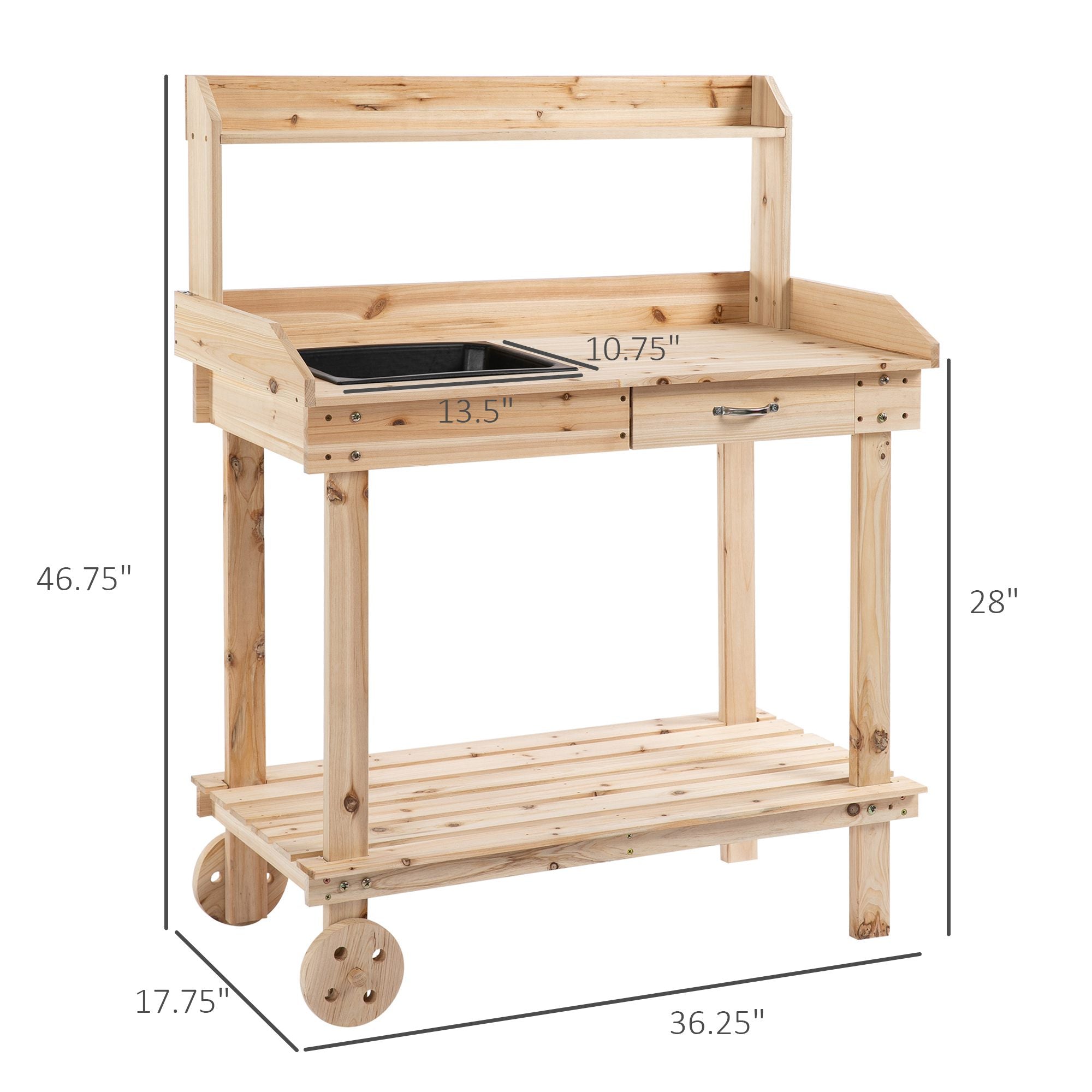 36" Wooden Potting Bench Work Table with 2 Removable Wheels, Garden Workstation with Removable Sink, Drawer & Large Storage Spaces, Natural - Natural Wood - Image 3
