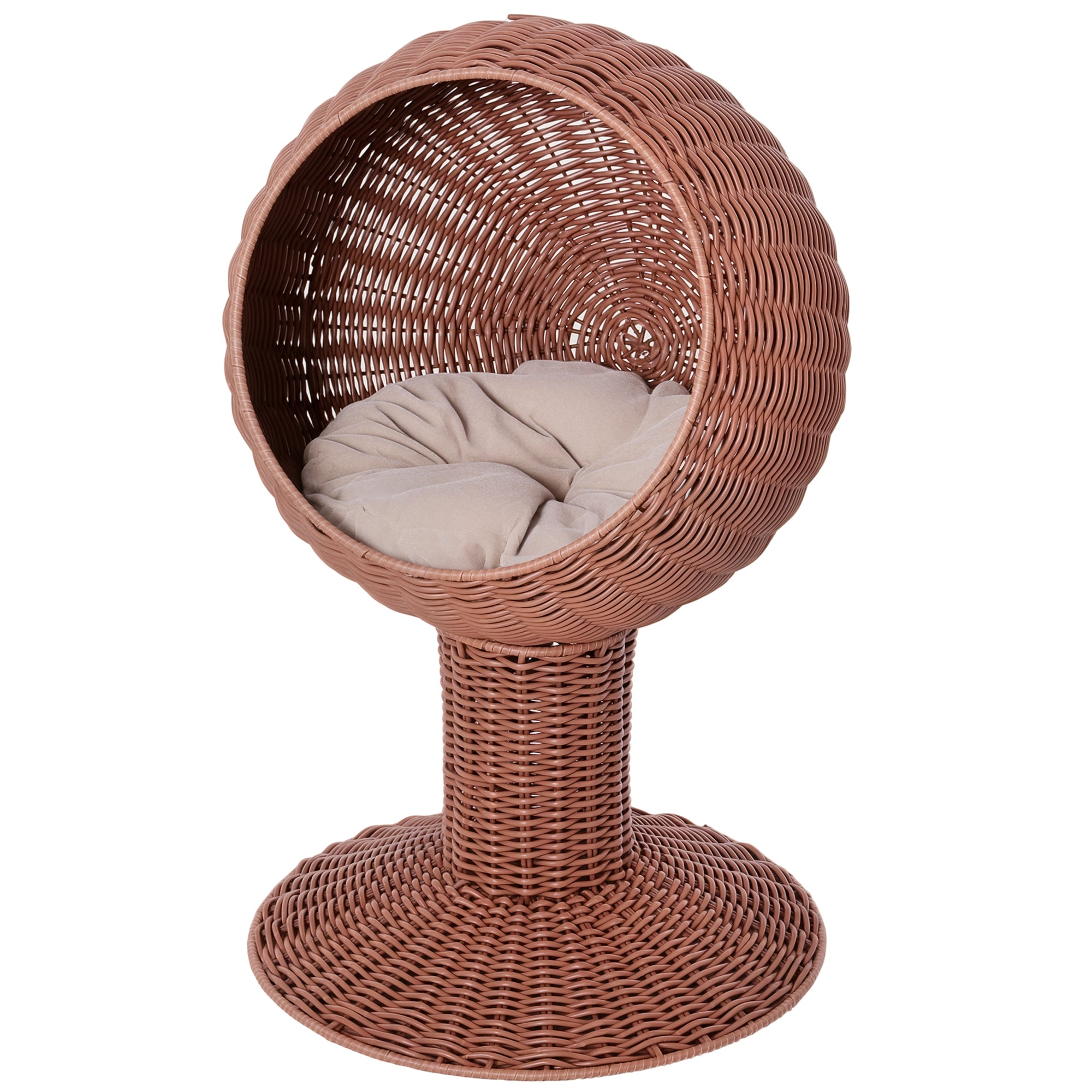 Elevated Cat Bed with Rotatable Egg Chair Pod, Cat Basket Bed with Thick Cushion, Natural Mat Grass Woven Kitty House, Brown - Brown
