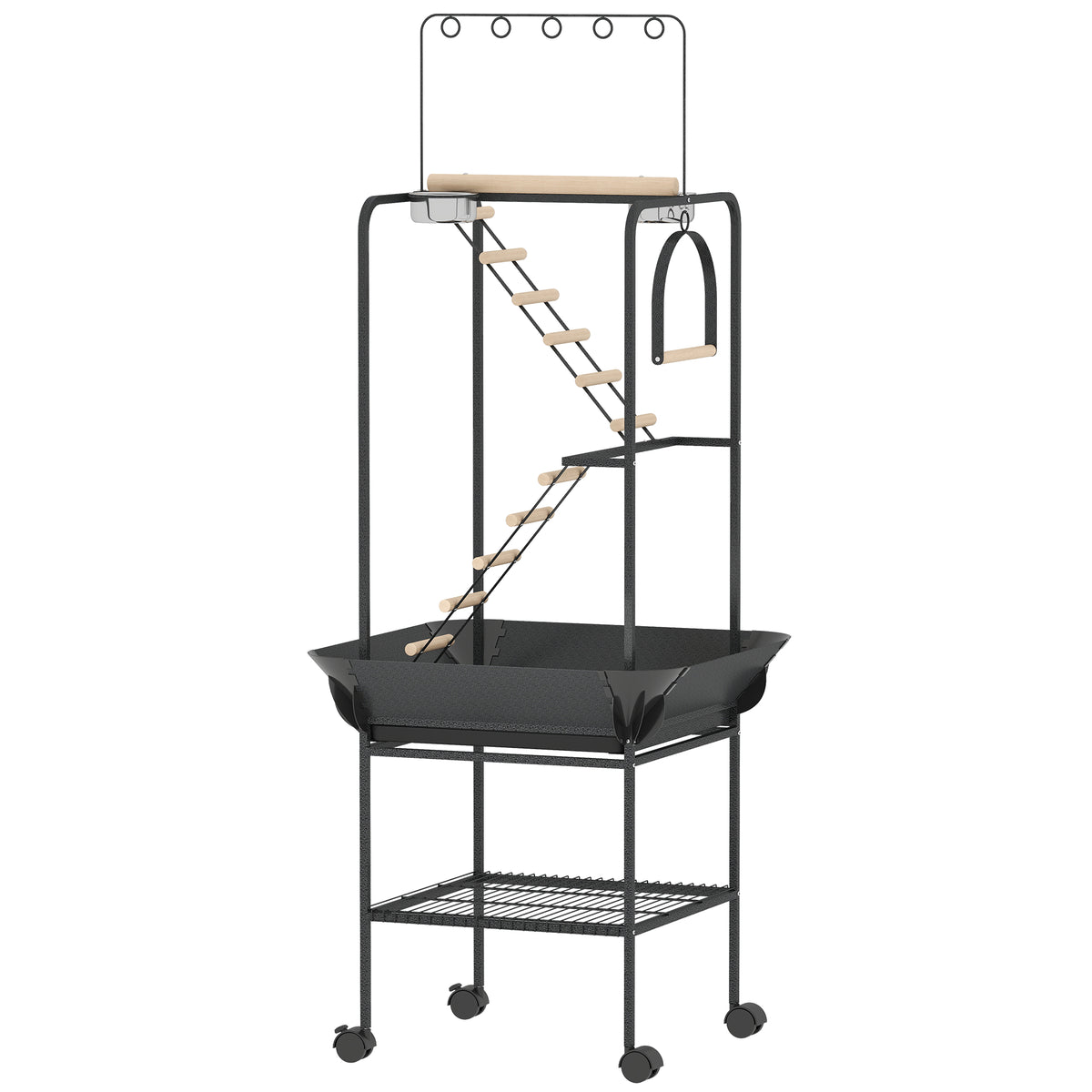 64"H Rolling Bird Playground Parrot Stand with Seed Guard & Wheels, Ladders, Swing, Toy Hook & Bowls