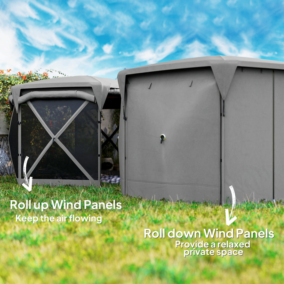 11 x 11ft Pop Up Gazebo Screen Tent with Removable Roof Cover, Roll-up Wind Panels for Camping, Backyard, Dark Gray