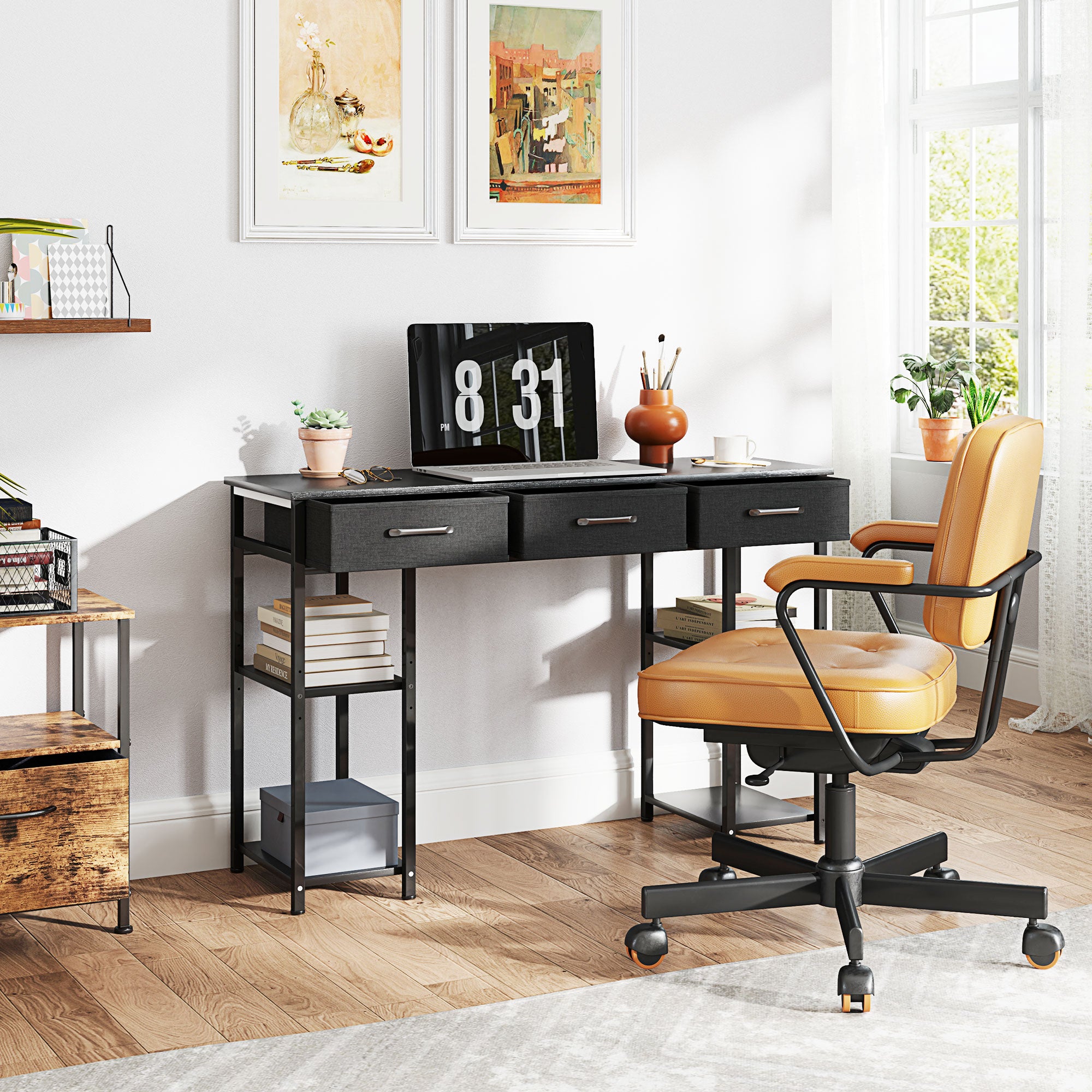 47" Small Computer Desk, Writing Desk with Fabric Drawers, Home Office Desk with Adjustable Shelves, Black