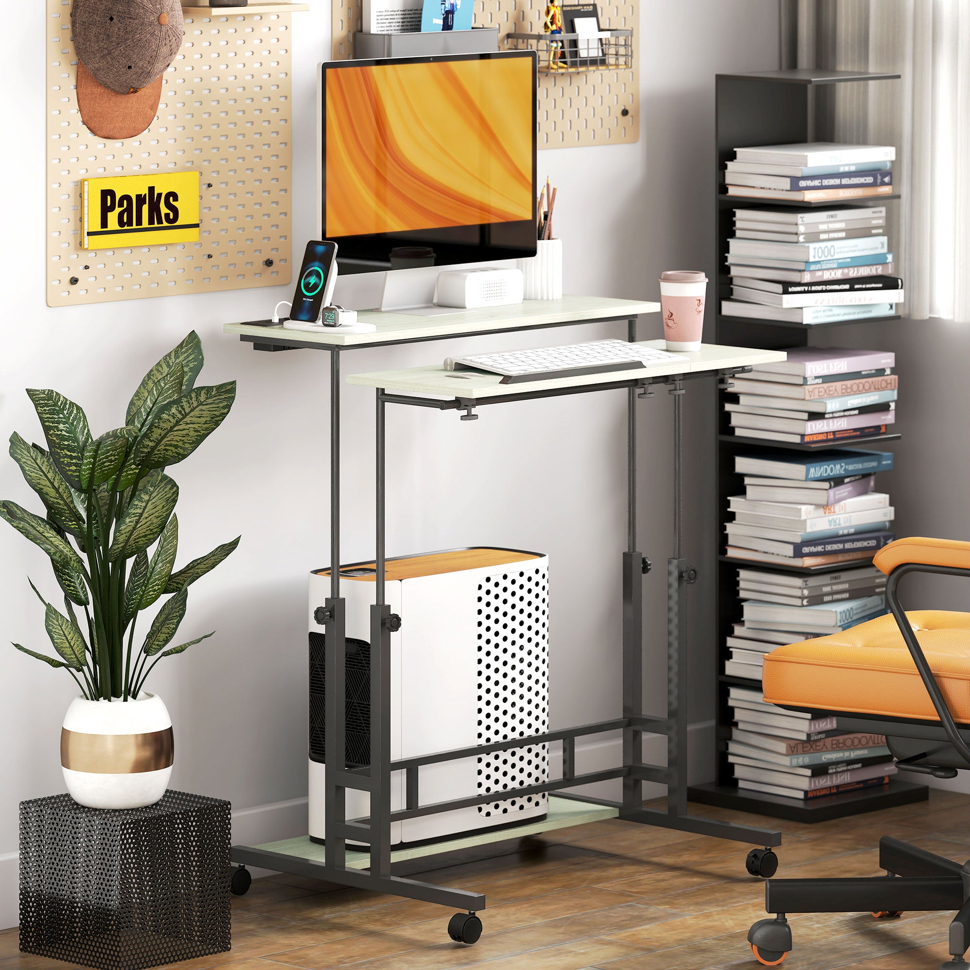 Adjustable Standing Desk with Power Outlets, Stand Up Desk with Tiltable Tabletop, Wheels, Shelf, for Home Office, Oak