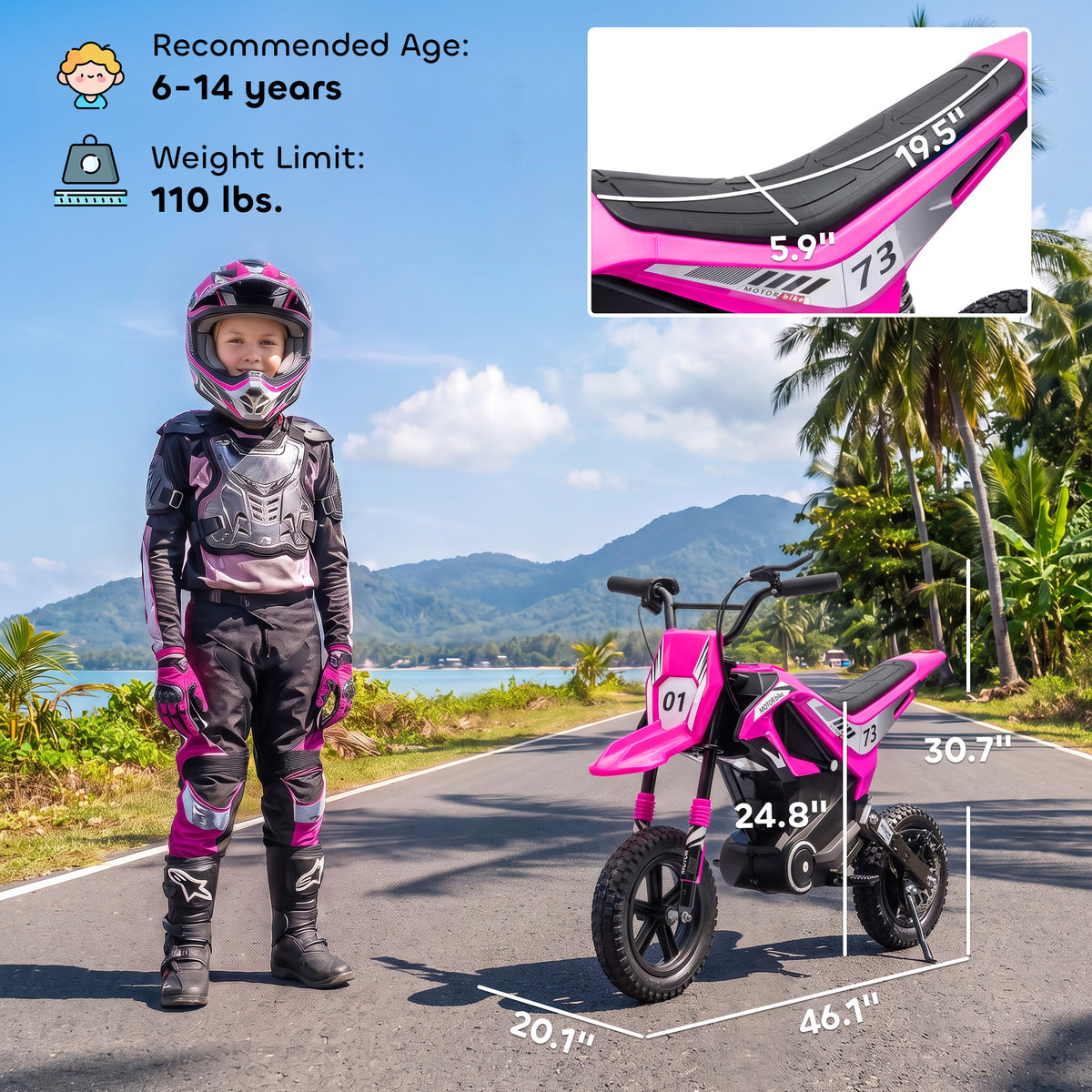 24V Kids Electric Motorcycle with 180W Brushless Motor, Suspension, Soft Start, 12" Rubber Tires for 6+ Years, Pink