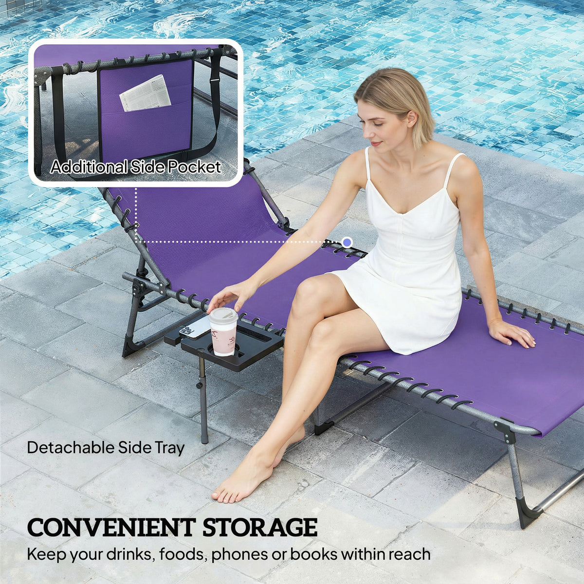 Folding Outdoor Chaise Lounge Chair Tanning Chair with 5-Level Adjustable Back, Side Table, Pillow, Pocket, Purple