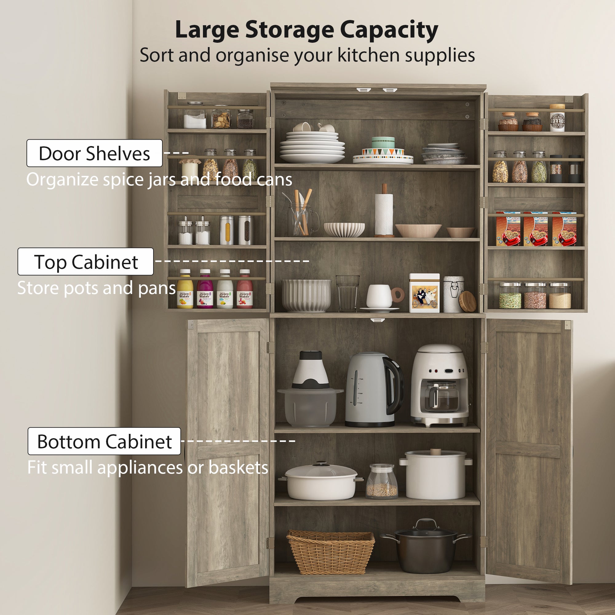 Farmhouse Kitchen Pantry, 72" Tall Pantry Cabinet with 4 Barn Doors, 4 Adjustable Shelves and 8 Door Shelves, Gray Wash