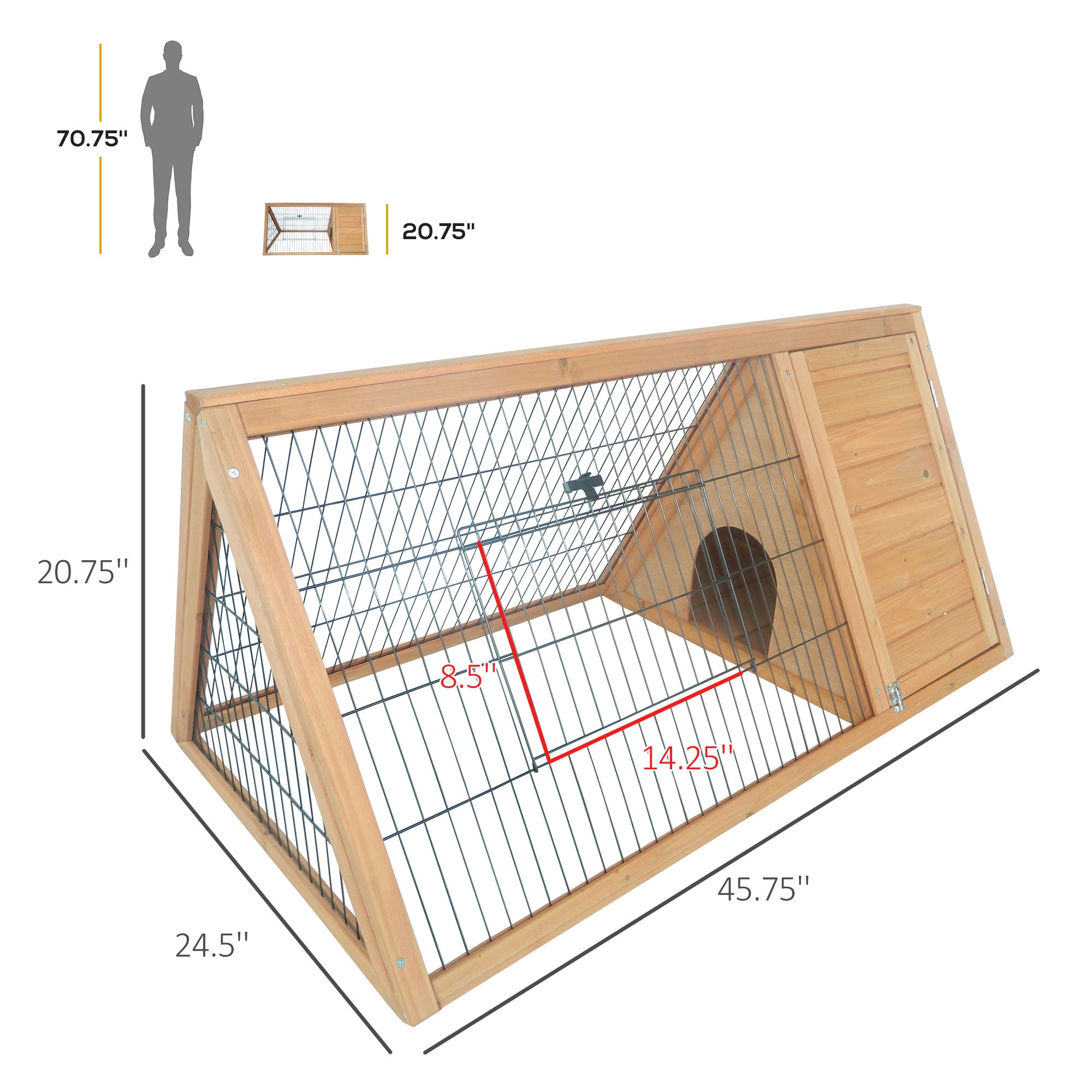 46" x 24" Wooden A-Frame Outdoor Rabbit Hutch, Small Animal Cage, Bunny Hutch with Outside Run & Ventilating Wire, for Rabbits, Chickens, Ducks, Yellow - Yellow - Image 3