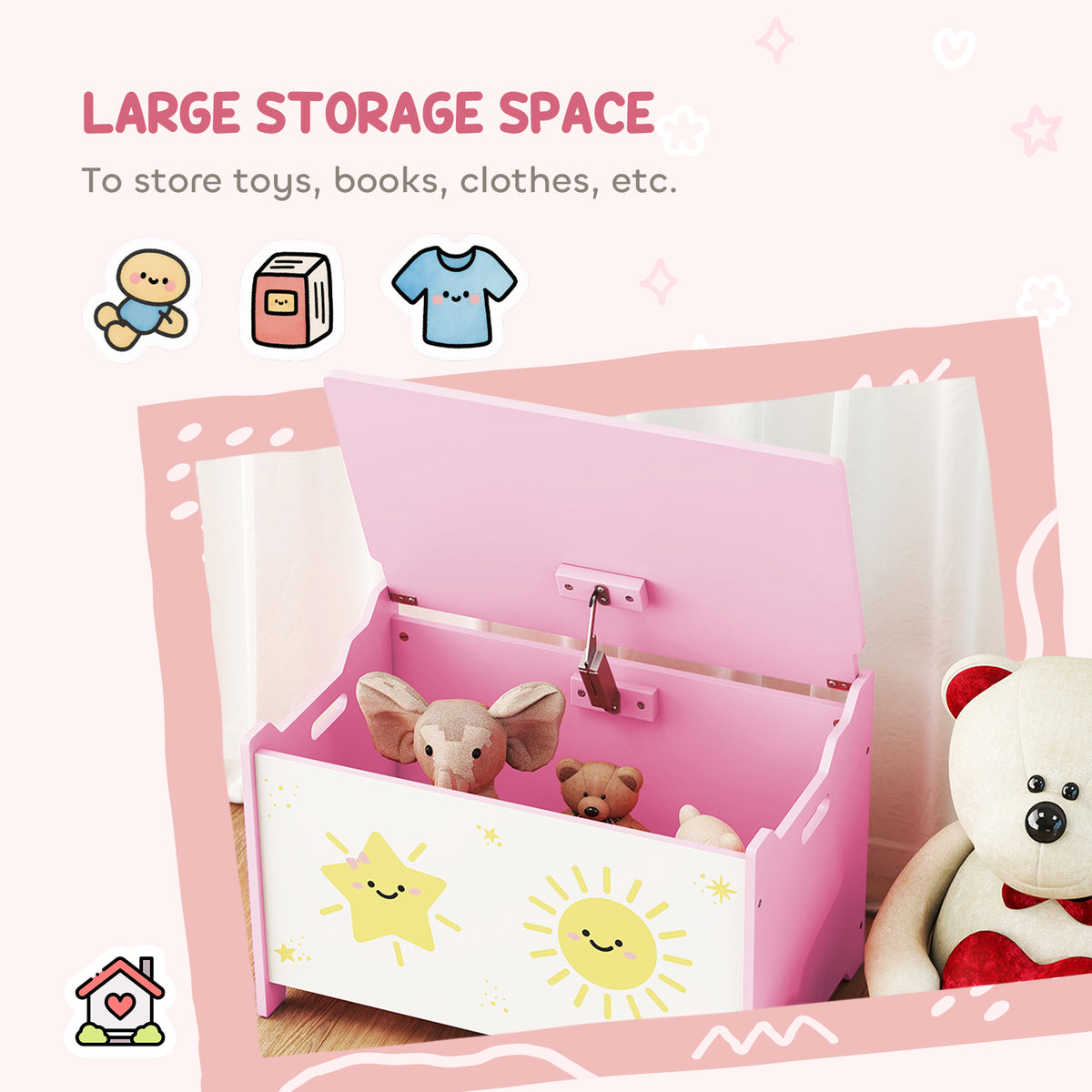 Qaba Toy Box with Lid, Safety Hinges and Groove Handles, Toy Storage Organizer for Kids, Living Room, Playroom, Pink