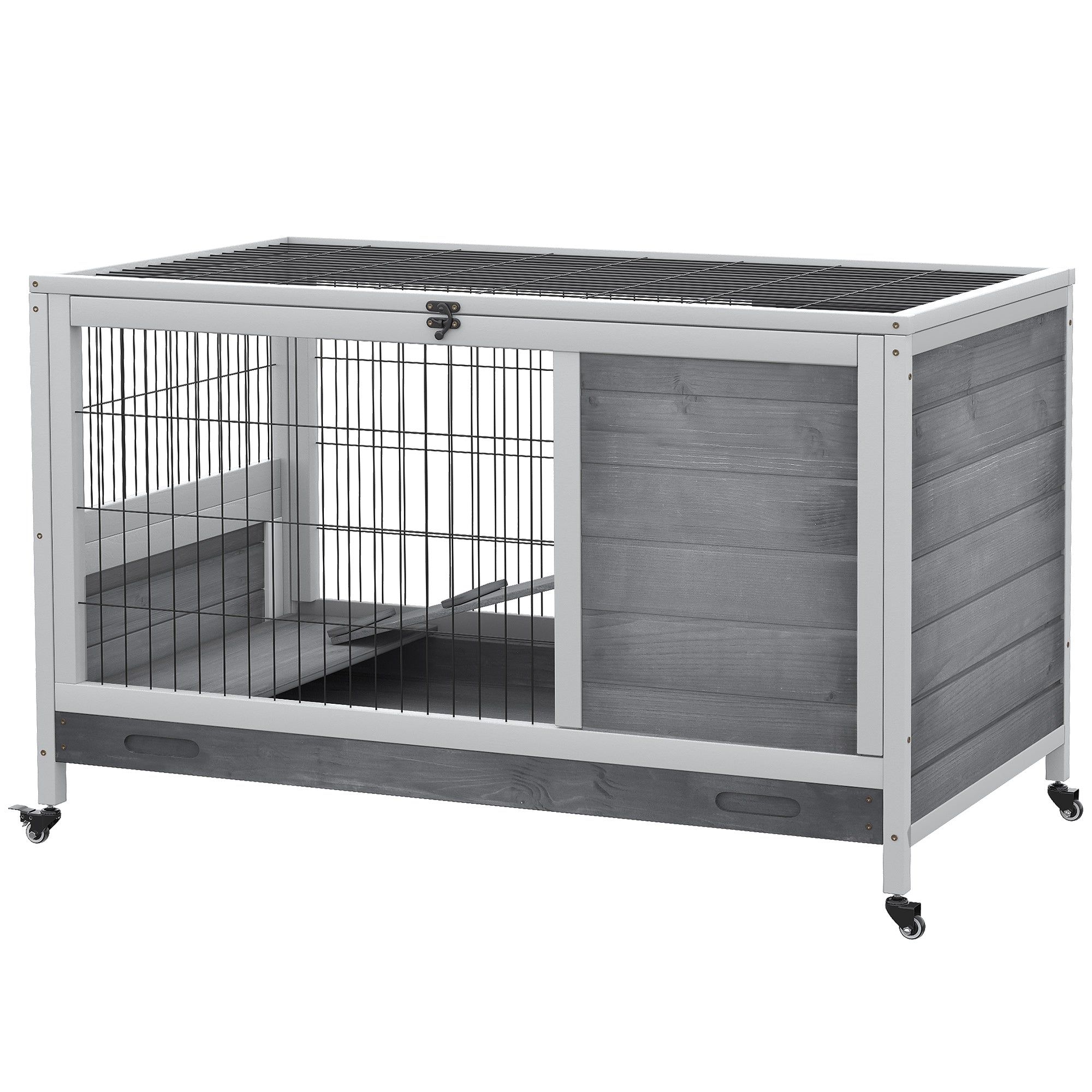 Indoor Rabbit Enclosure, Wooden Elevated Cage Habitat with Enclosed Run with Wheels - Ideal for Rabbits and Guinea Pigs - Grey