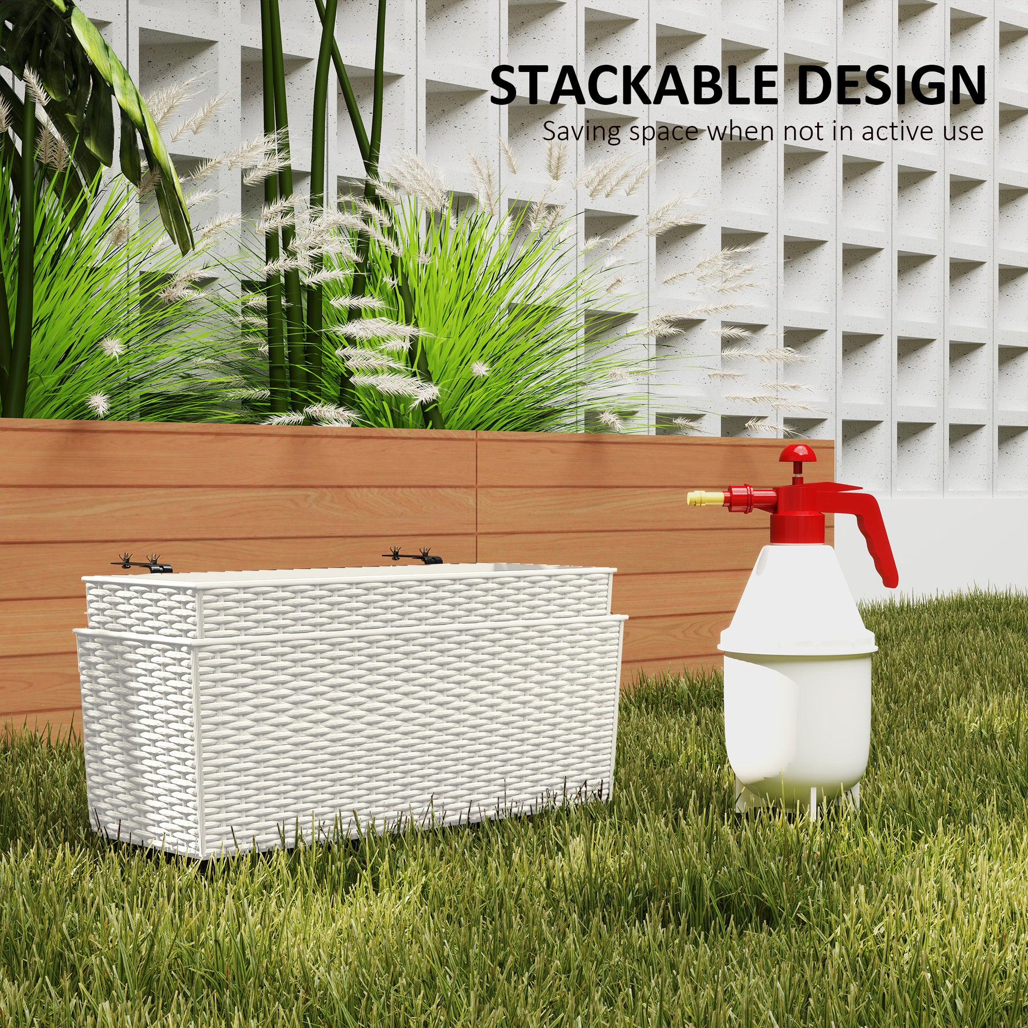 2 Pack 20 Inch Railing Flower Pots, Hanging Flower Pots with Hooks, Drainage Holes for Fence, Rattan Look, White - White - Image 5