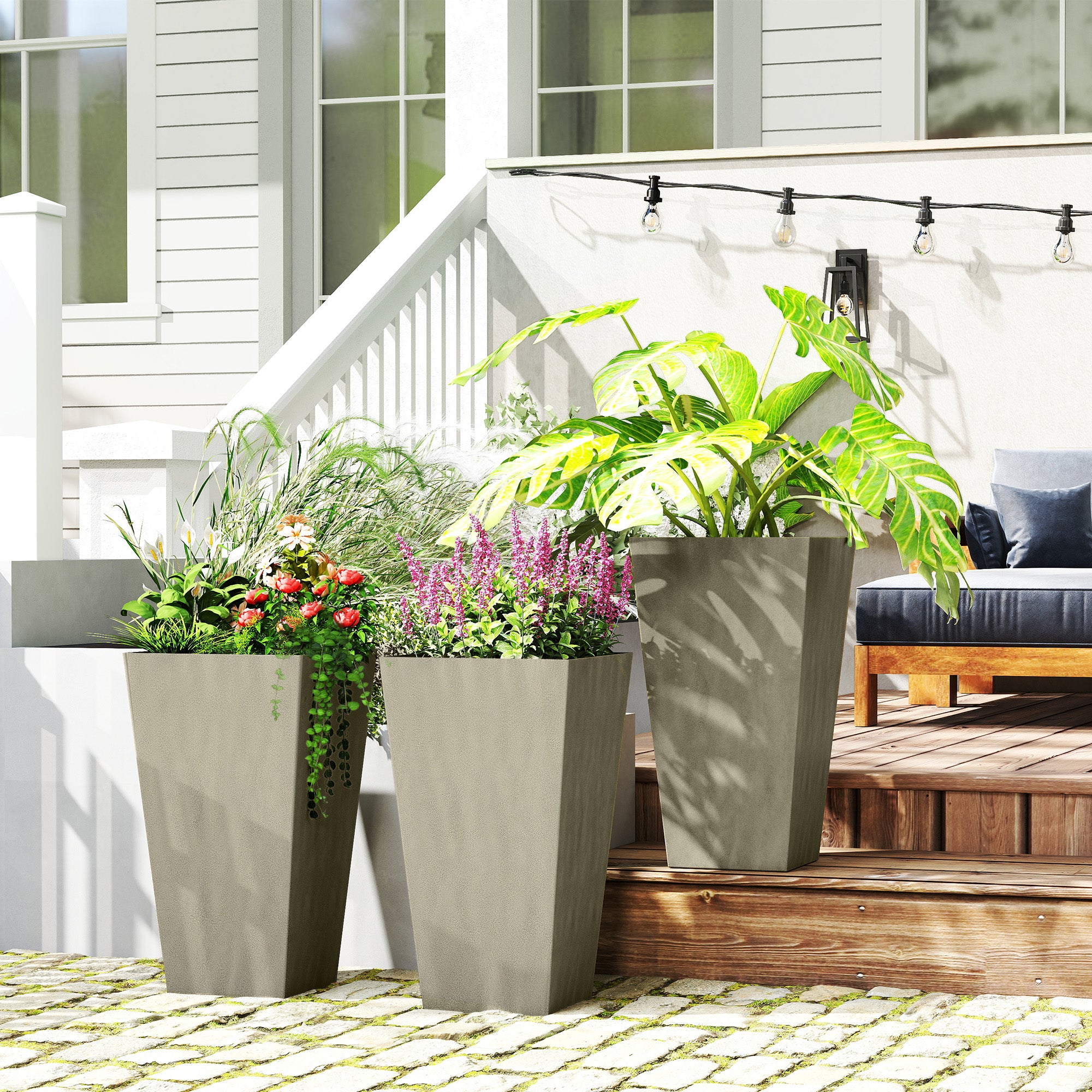 Tall Planters for Outdoor Plants Set of 3, 28 In Taper Planters with Drainage Holes, Indoor Grande Plant Pots, Front Porch Decor, Grey - Grey - Image 2