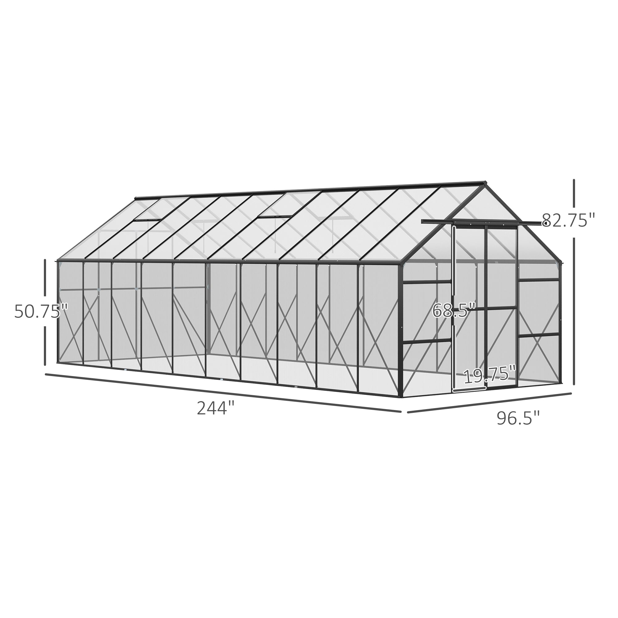 20' x 8' Aluminum Greenhouse Polycarbonate Walk-in Garden Greenhouse Kit with Adjustable Roof Vent, Rain Gutter and Sliding Door for Winter, Clear - Clear - Image 3