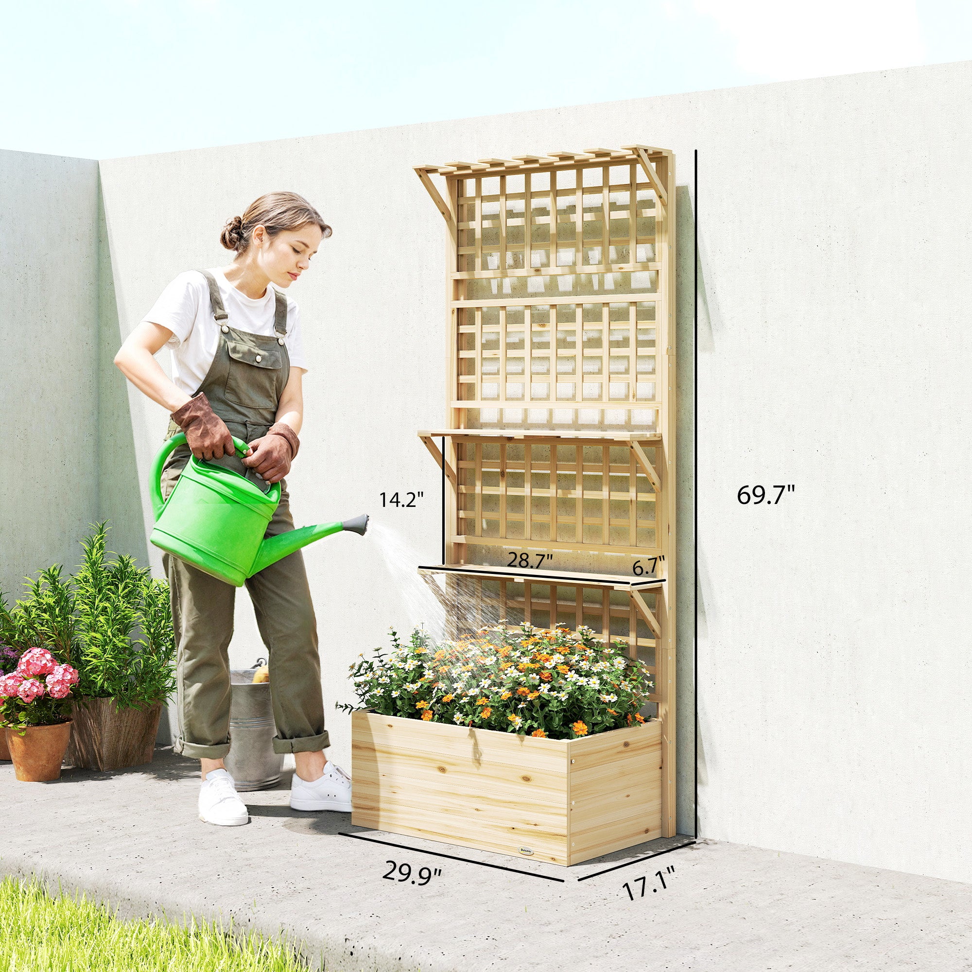 Wooden Raised Garden Bed with Trellis and Roof, Elevated Planter Box with 2 Shelves, Drainage Hole and Liner, Natural - Natural Wood - Image 3