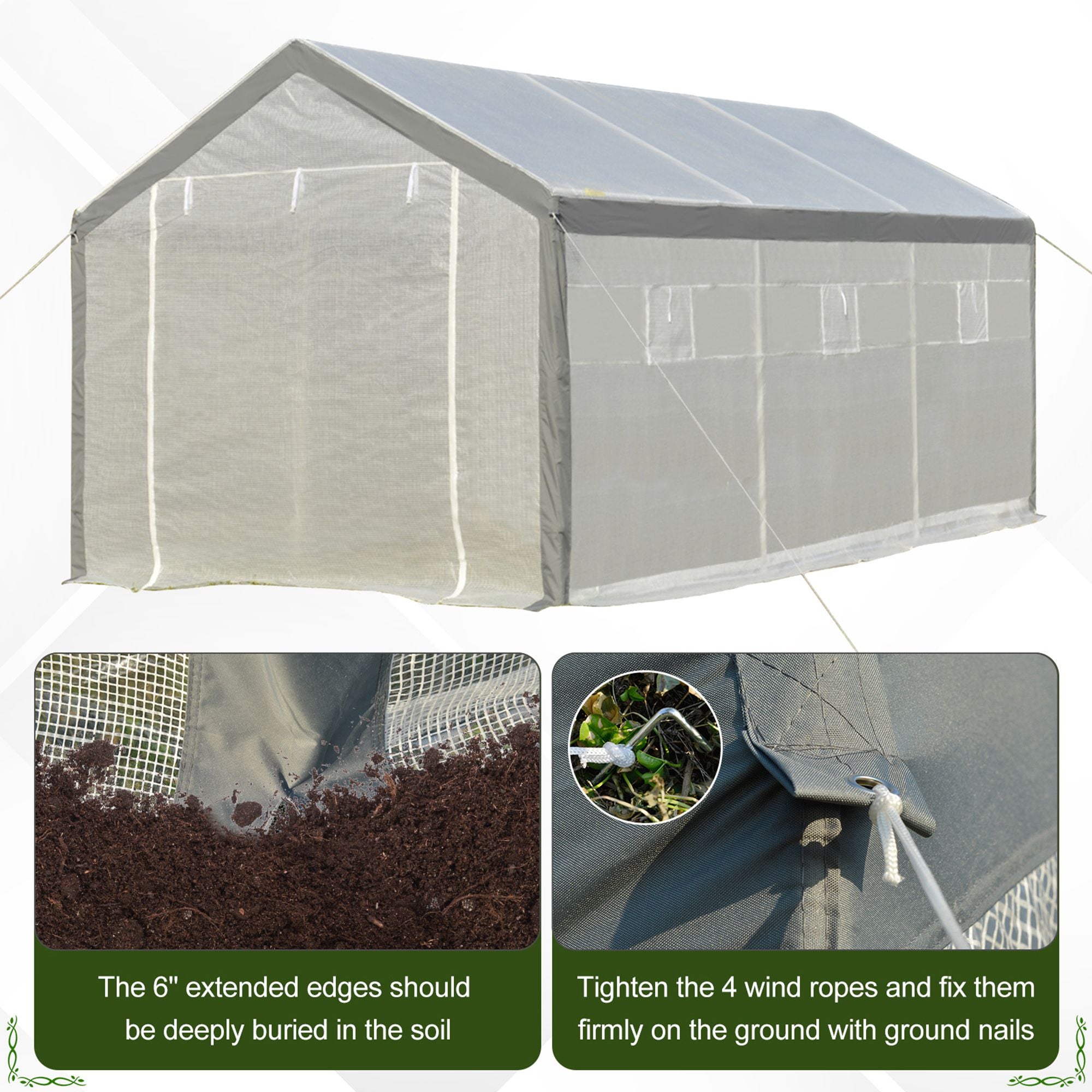 20' L x 10' W x 9' H Large Walk-in Greenhouse with Roll Up Door, 8 Closeable Windows, & Weather PE Cover - White - Image 5
