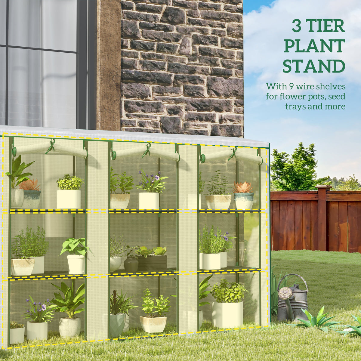 84.6" x 18.1" x 56.7" Lean-to Mini Greenhouse, 3-Tier Shelves, 3 Roll-Up Doors, PE Cover, White