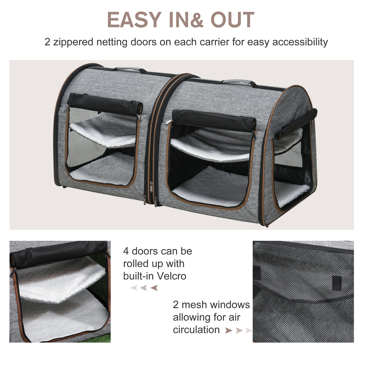 39" Portable Soft-Sided Pet Cat Carrier with Divider, Two Compartments, Soft Cushions, & Storage Bag, Gray