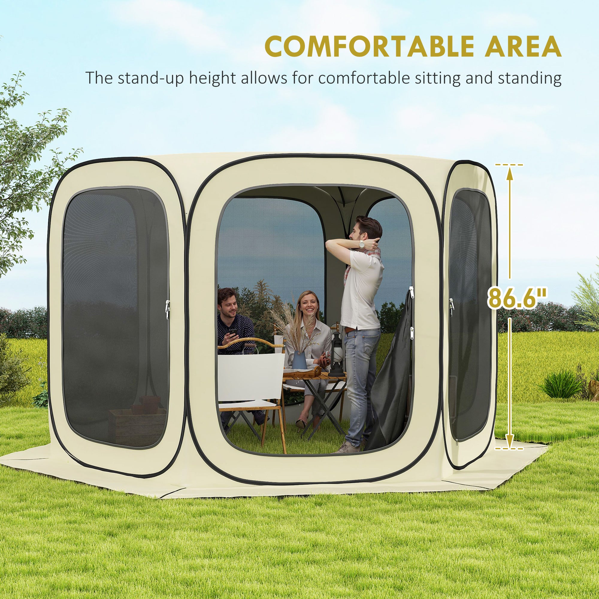 11 x 11ft Pop Up Screen Tent, UPF50+ Portable Camping Gazebo Screen House with Carry Bag, Beige