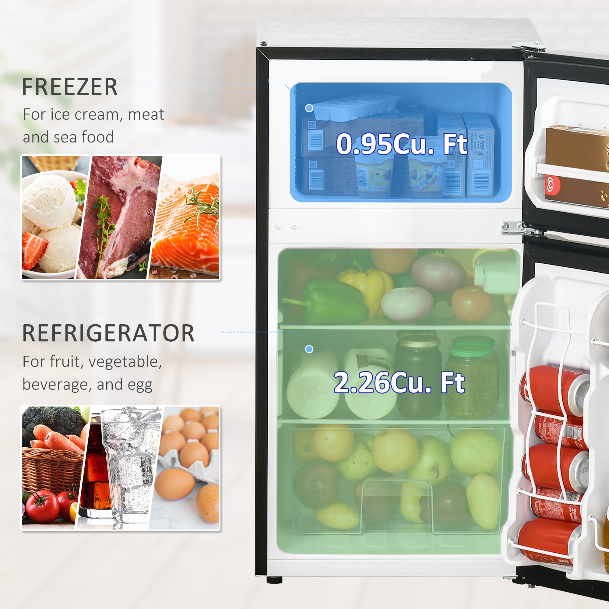 3.2 Cu.Ft Mini Fridge with Freezer, Compact Refrigerator with Adjustable Thermostat, Shelf and Double Reversible Door for Bedroom, Dorm, Home Office, Energy Efficient, Black