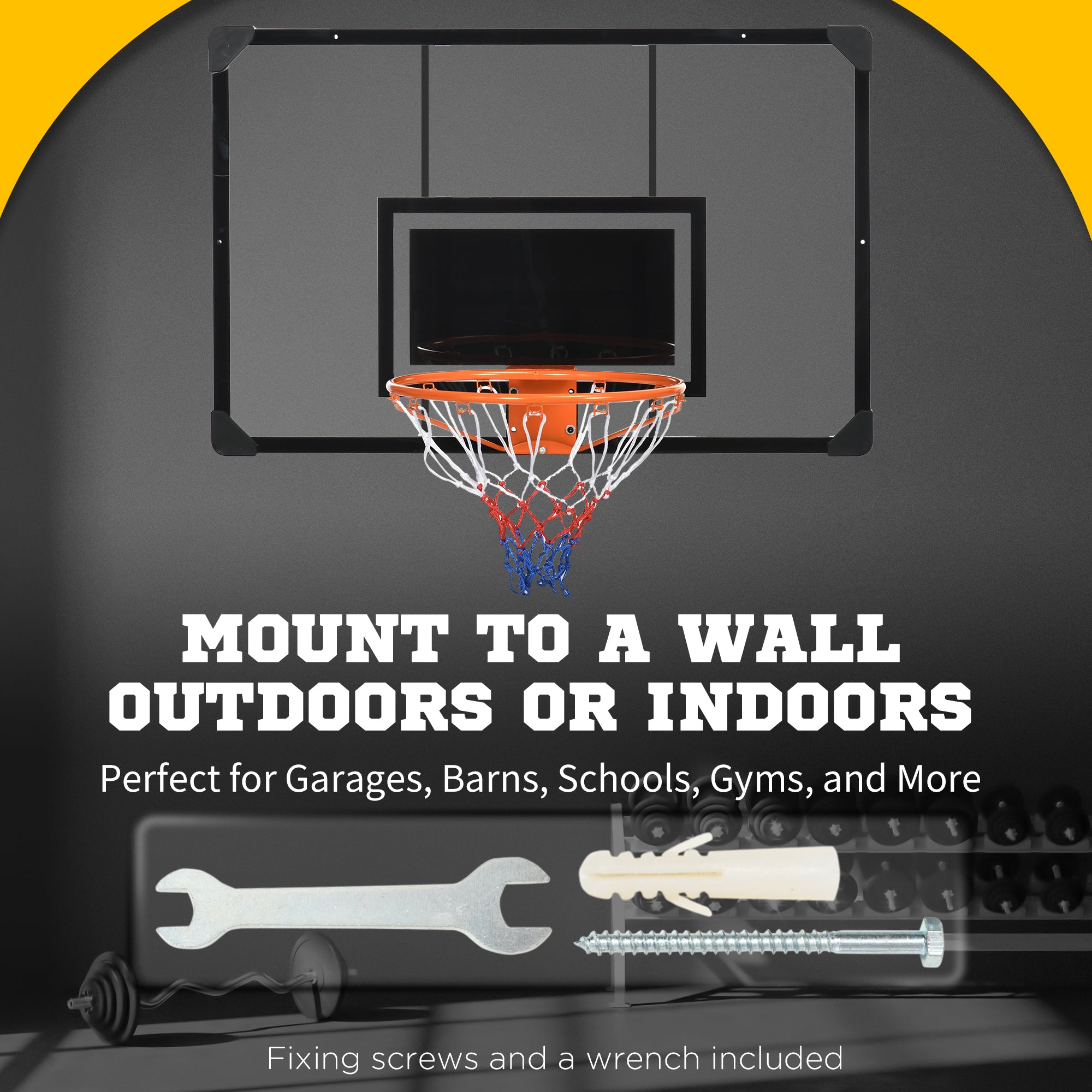 Wall Mounted Basketball Hoop with Shatter Proof Backboard, Durable Rim and All-Weather Net for Indoor and Outdoor Use