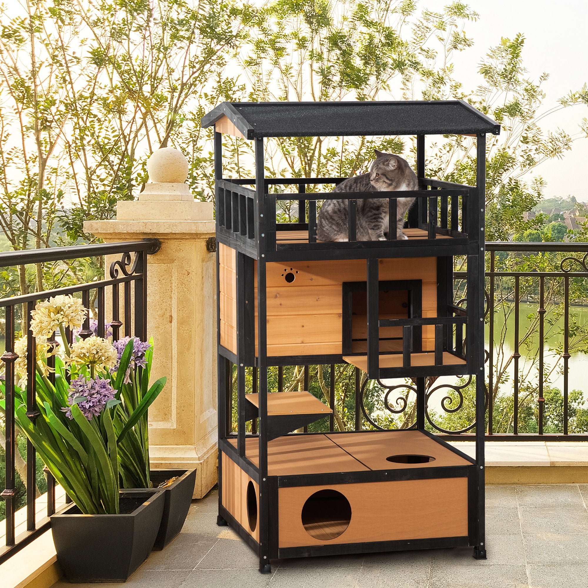 Wooden Outdoor Cat House, Feral Cat Shelter Kitten Condo with Asphalt Roof, Escape Doors, Condo, Jumping Platform, Yellow - Yellow - Image 2