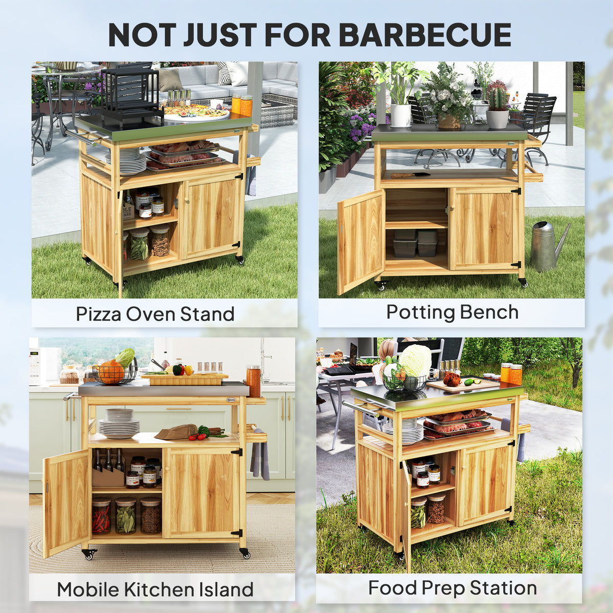 Outdoor Grill Cart w/ Stainless Steel Top, Solid Wood Outdoor Kitchen Island w/ Wheels, Storage Cabinets, Natural Wood