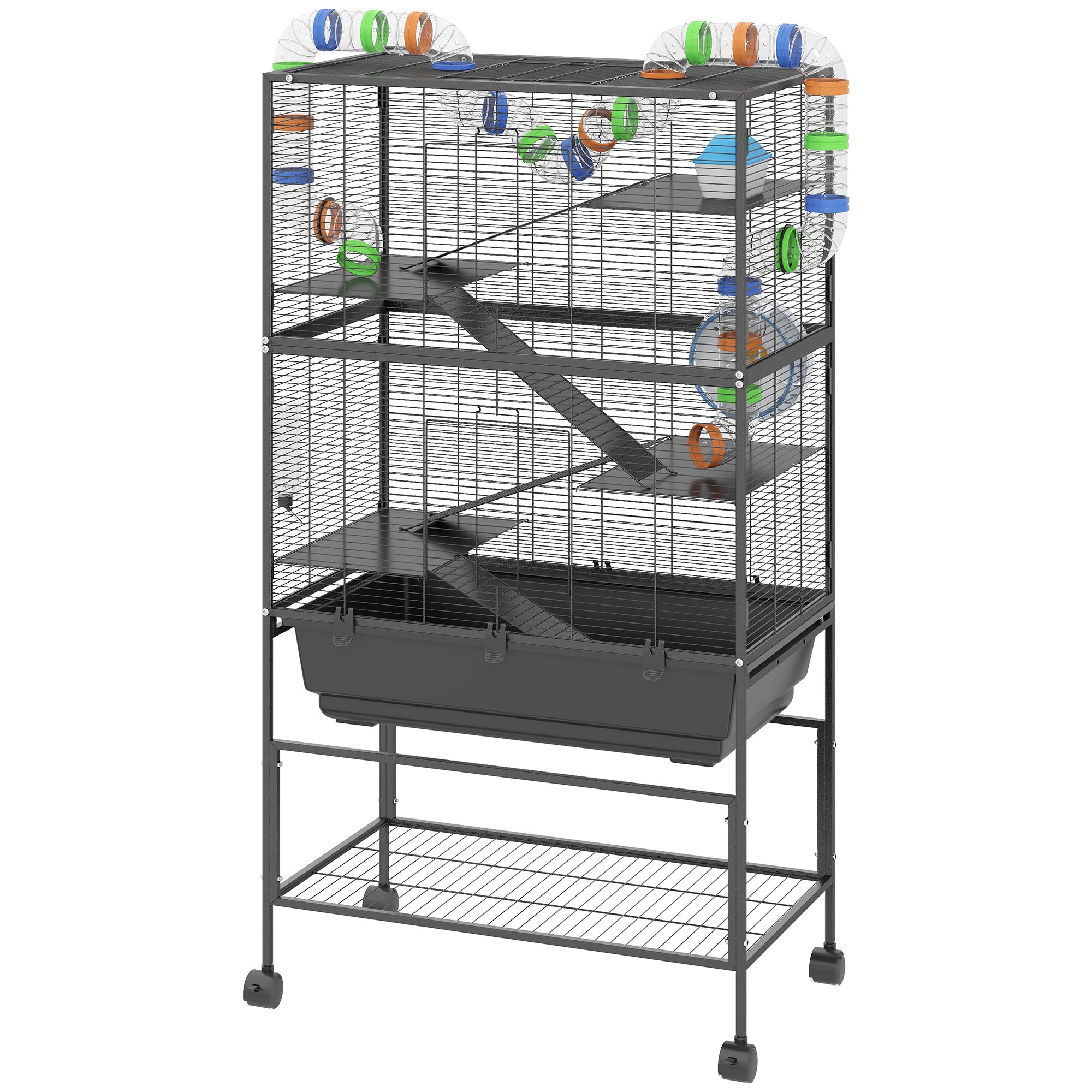 5 Tier Hamster Cage, Rolling Rat Cage with Deep Tray, Storage Shelf, Big Exercise Wheel, Hut, Tube System - Black