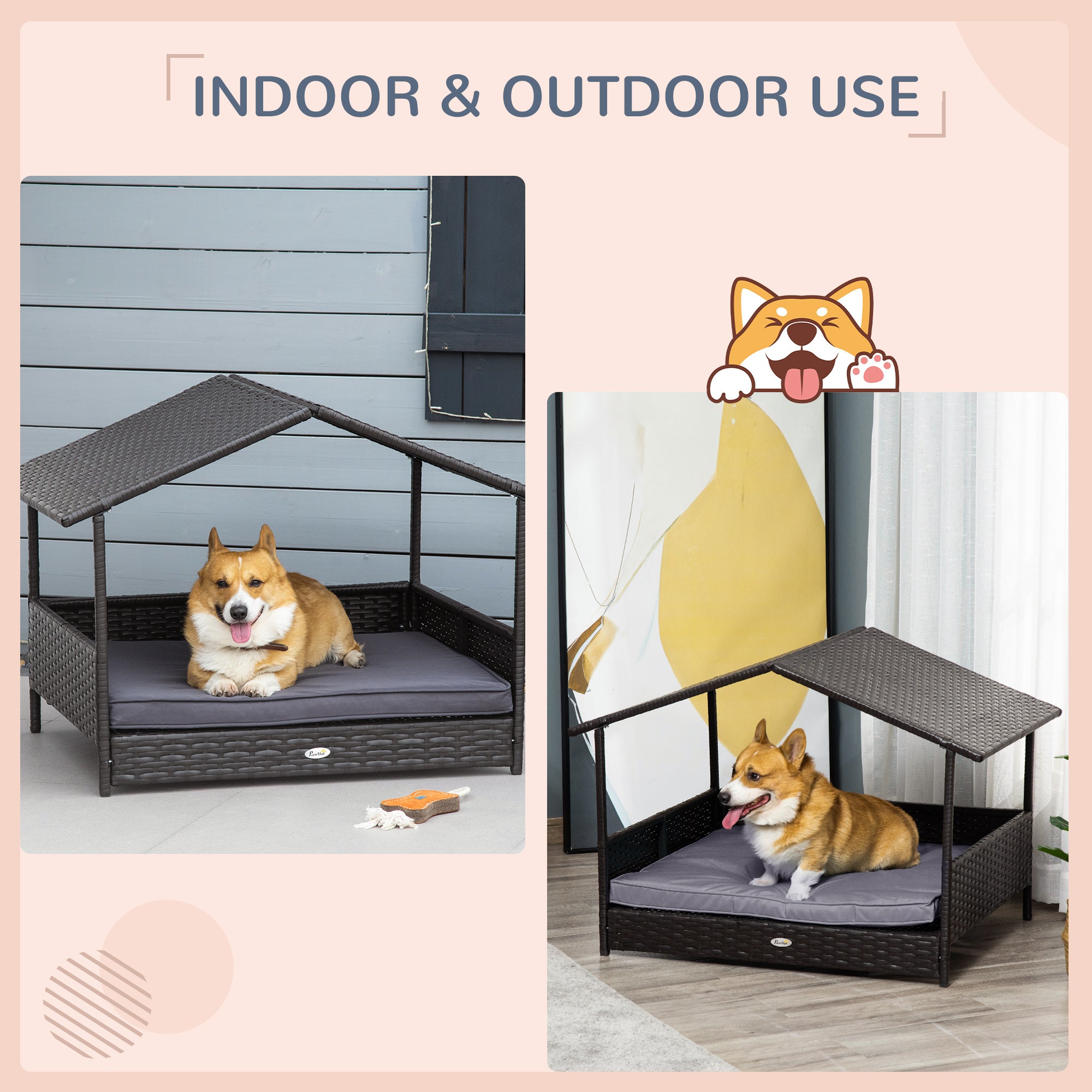 Wicker Dog House Outdoor with Canopy, Rattan Dog Bed with Water-resistant Cushion, Raised Pet Bed for Small, Medium Breeds up to 66 lbs, 20" in Length, Brown Wicker, Gray Cushion - Grey - Image 4