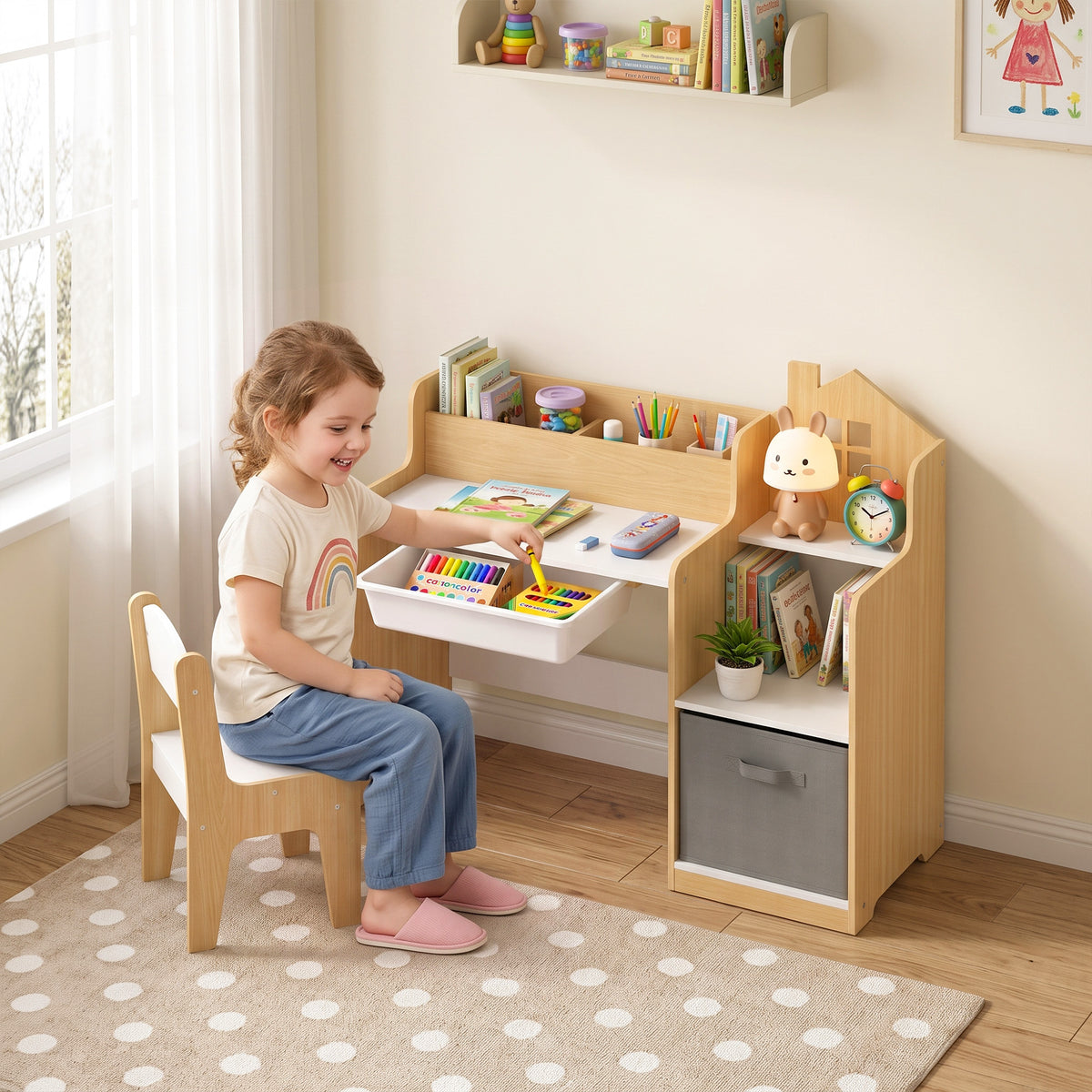 Kids Desk and Chair Set with 2 Desktop Cubbies, Fabric Bin, Plastic Drawer, Bookshelf, Anti-Tip Device for 3-8 Years