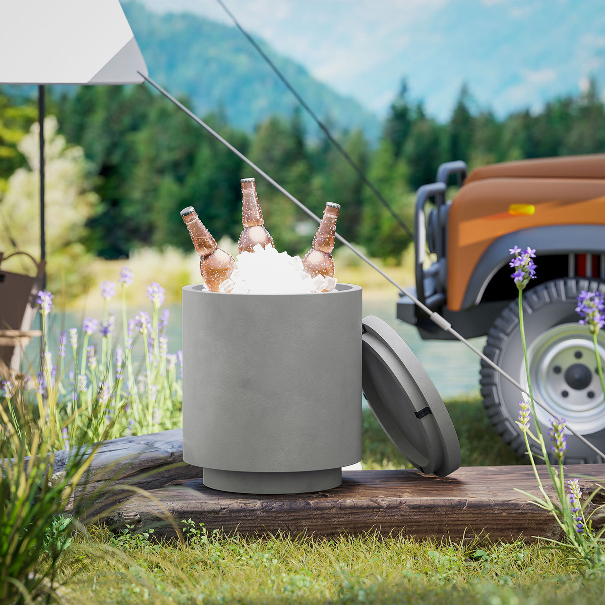 2.6 Gal Outdoor Side Table, 3-In-1 Concrete Cooler Bar Table with Storage, Removable Ice Bucket and Lid, Gray