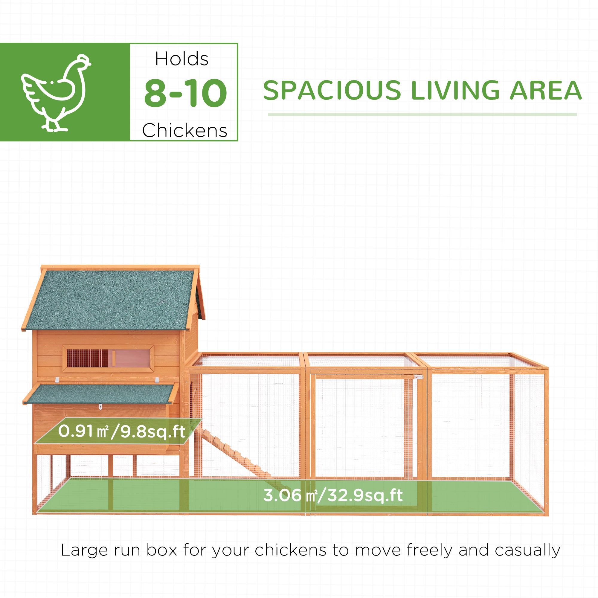 137" Chicken Coop for 8-10 Chickens, Large Chicken House, Wooden Poultry Hen Cage with Nesting Box and Run for Backyard, Orange - Orange - Image 4