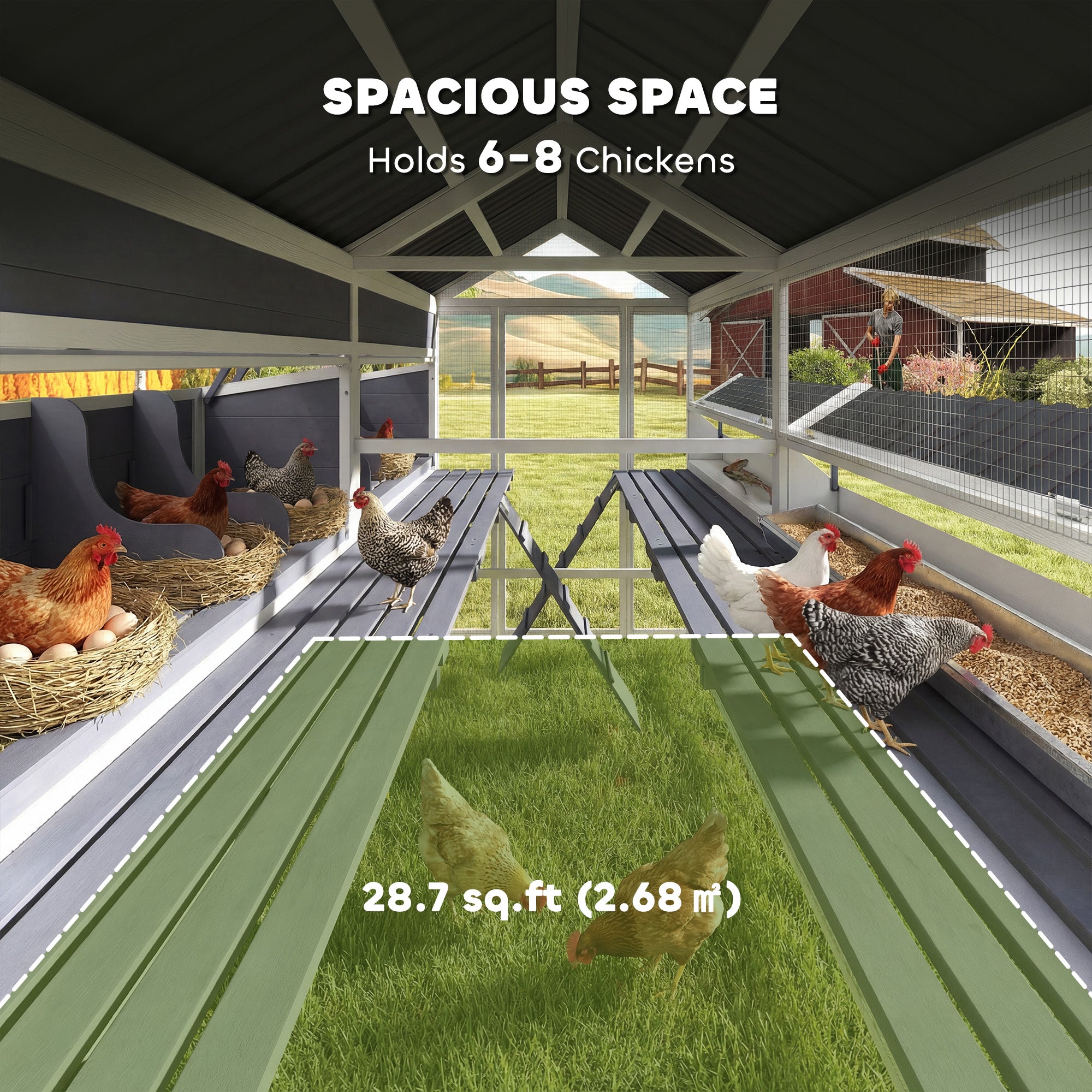 Wooden Chicken Coop, Outdoor Hen House with 2 Feeders, 2 Nesting Boxes, 2 Roosting Bars, Ramps, Waterproof Roof - Gray - Image 4