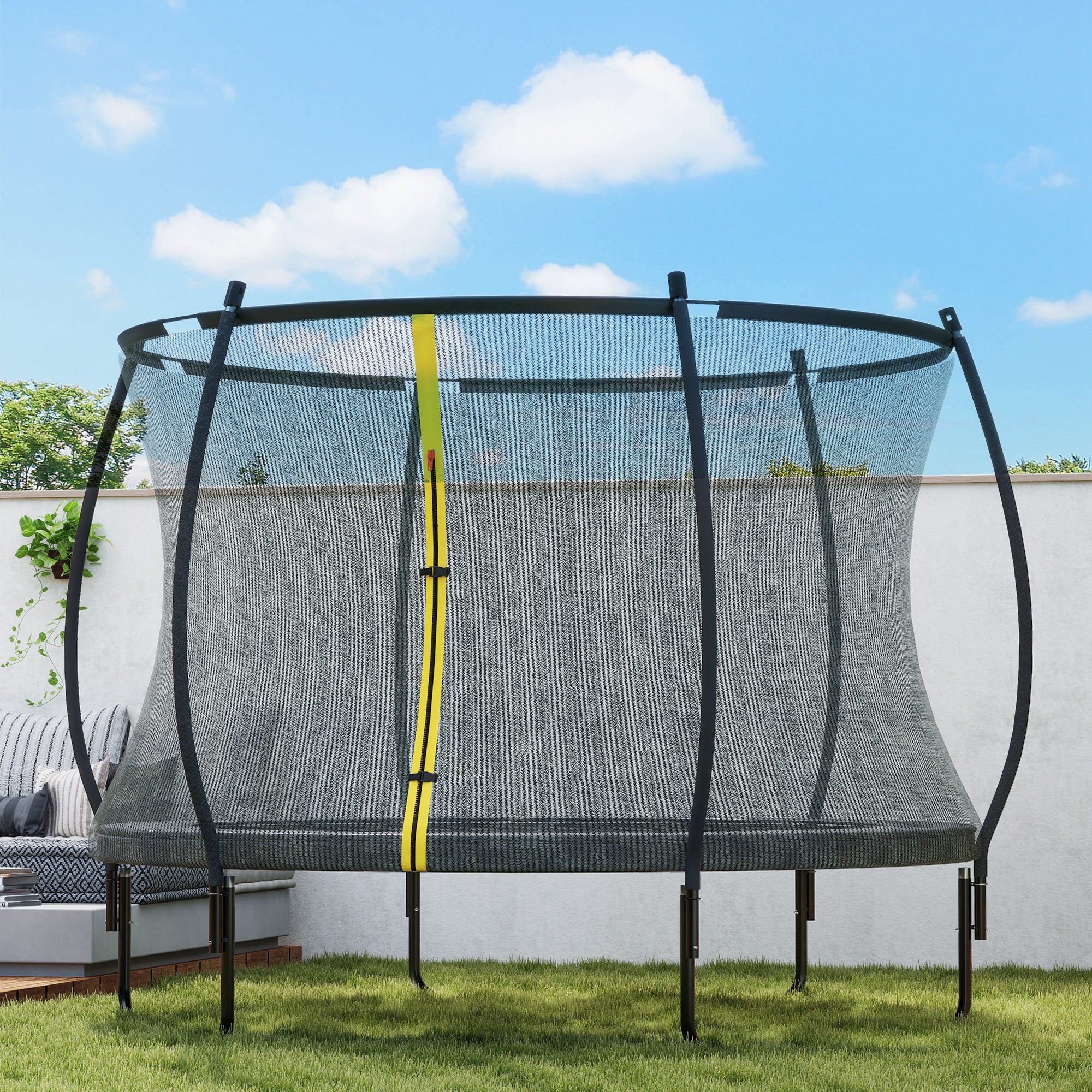 8ft Outdoor Trampoline with Net Enclosure, Curved Poles and Safety Pad, ASTM Approved, Black