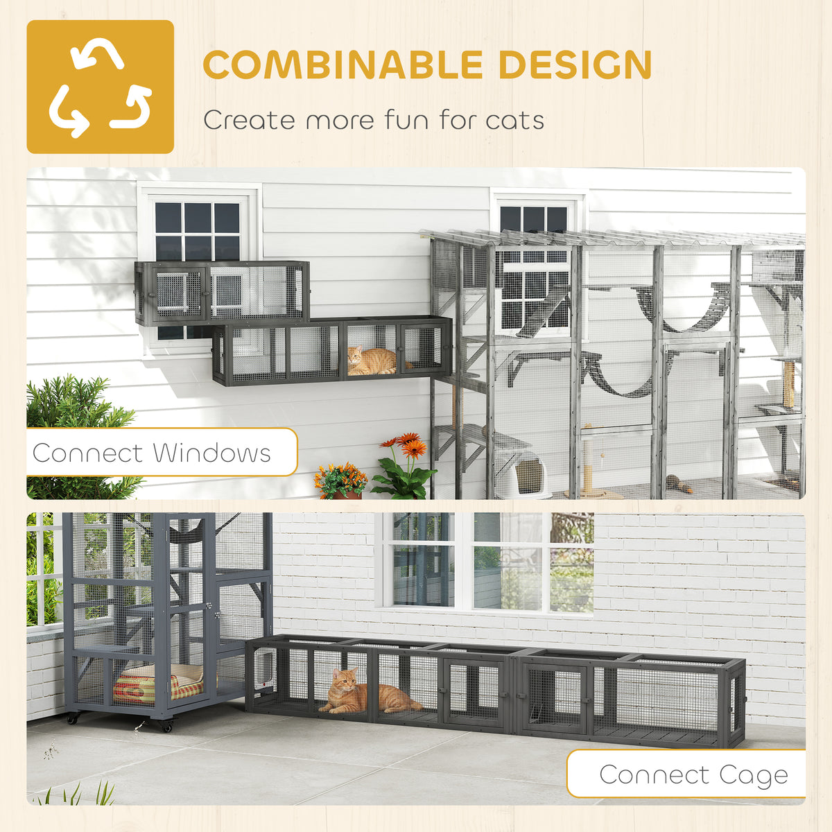 Wooden 98" Cat Tunnel for Outdoor with Combinable Design, 8 Doors, Dark Gray
